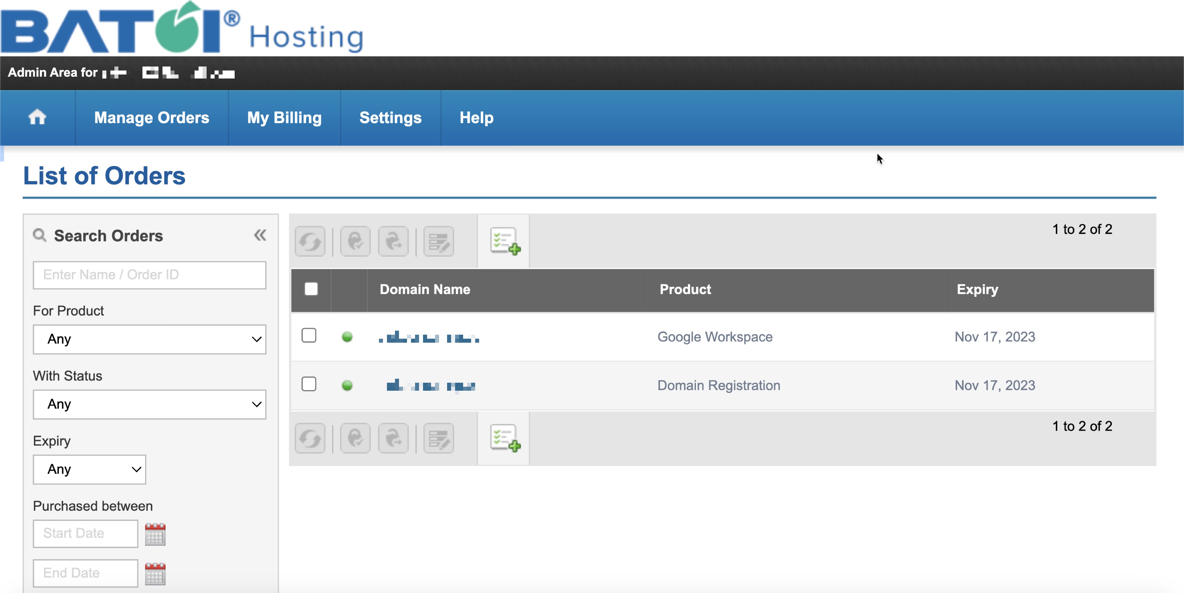 Figure 8: My Batoi Hosting Manage Orders List Screen