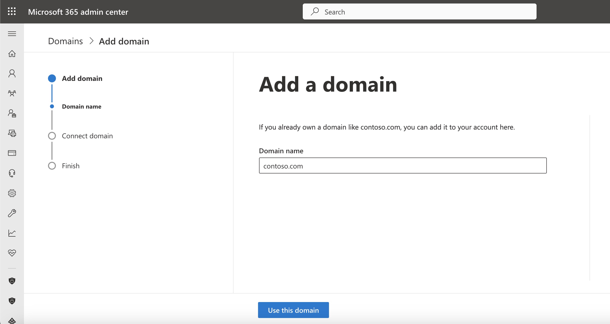 Figure 5: Microsoft Admin Console Add Domain Screen” style=