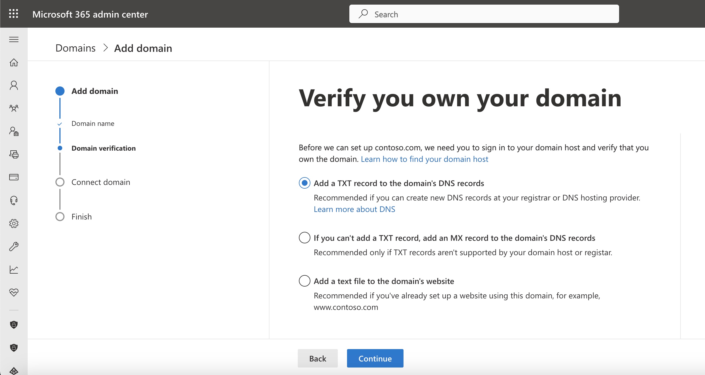 Figure 6: Microsoft Admin Console Domain Verification Screen” style=