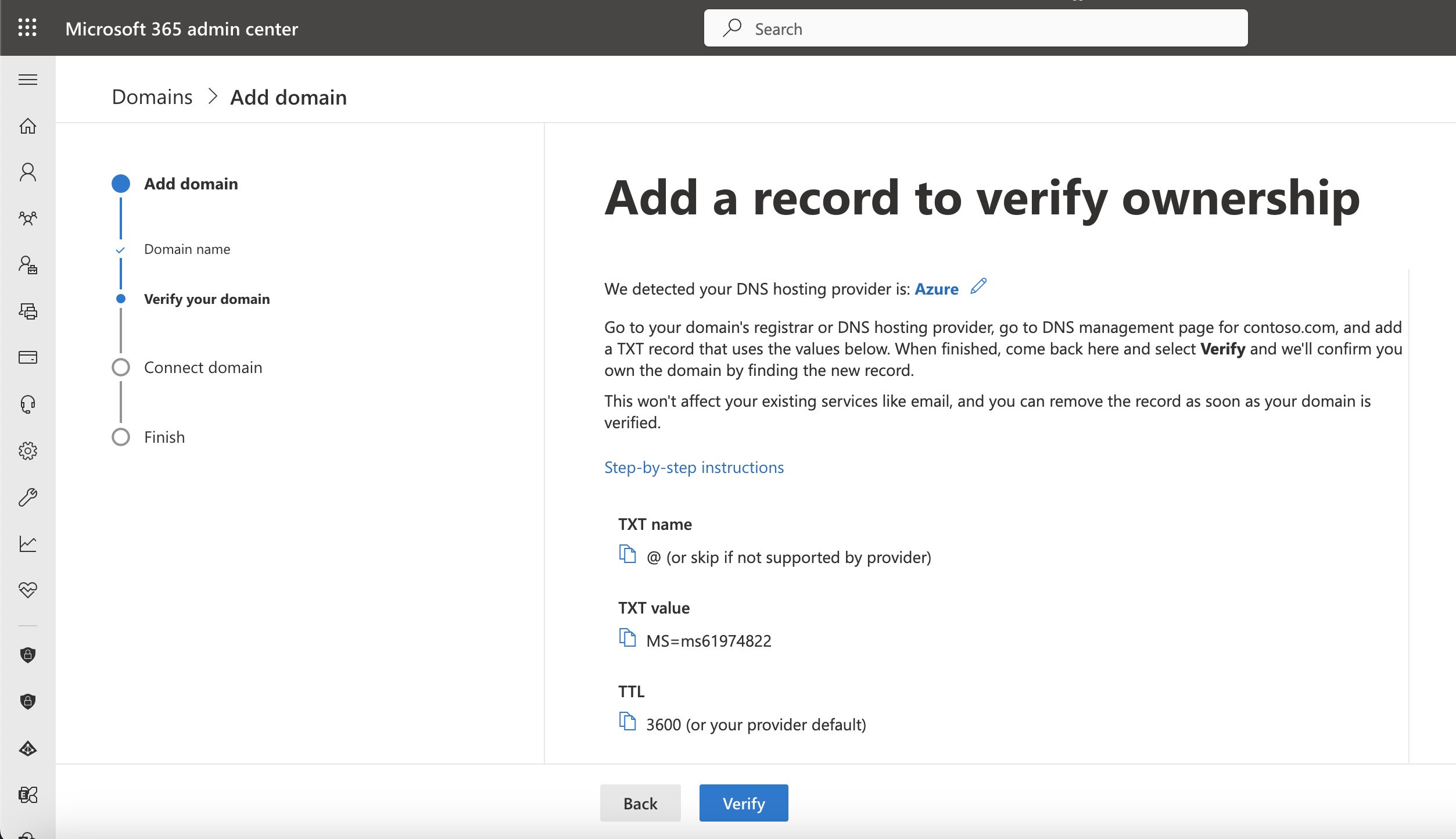 Figure 7: Microsoft Admin Console Domain Verification TXT Value Screen” style=