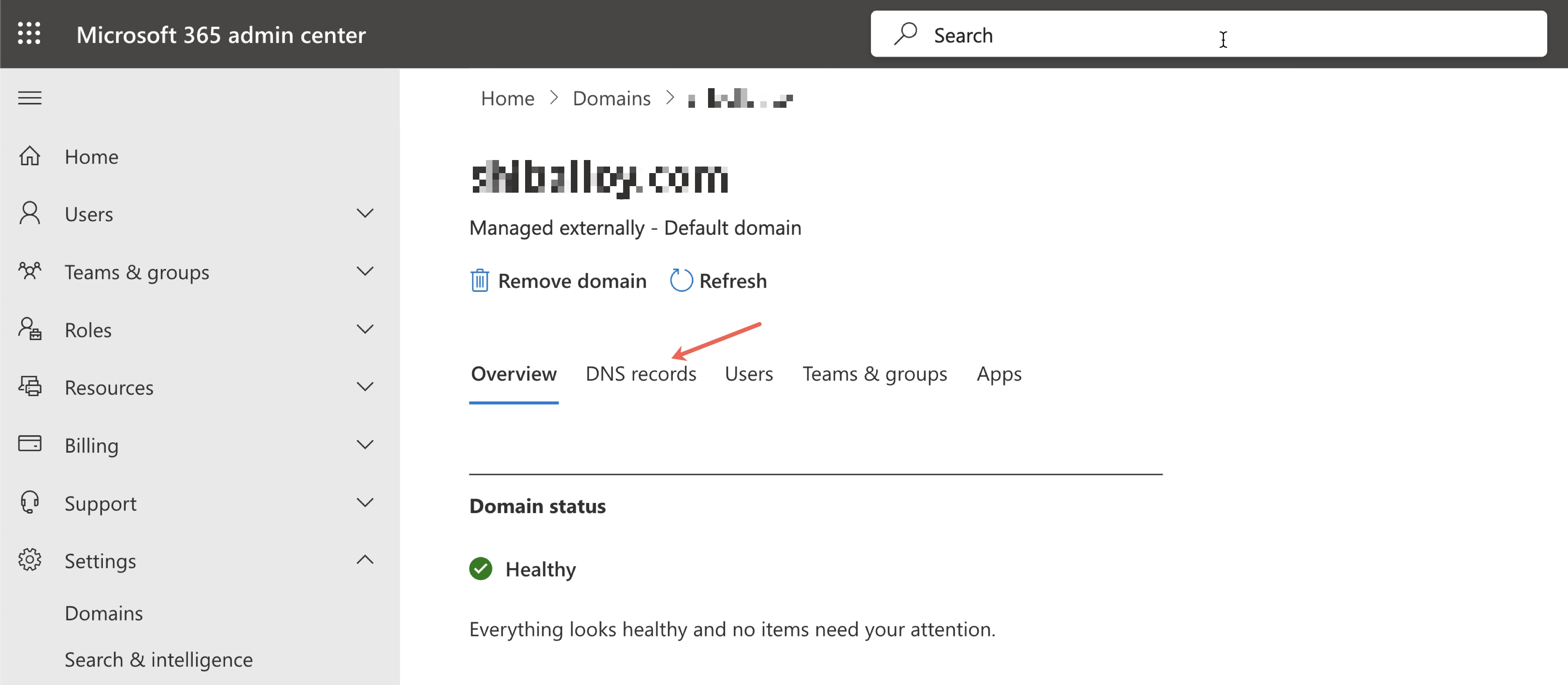 Figure 15: Microsoft Admin Console Individual Domain Details Screen” style=