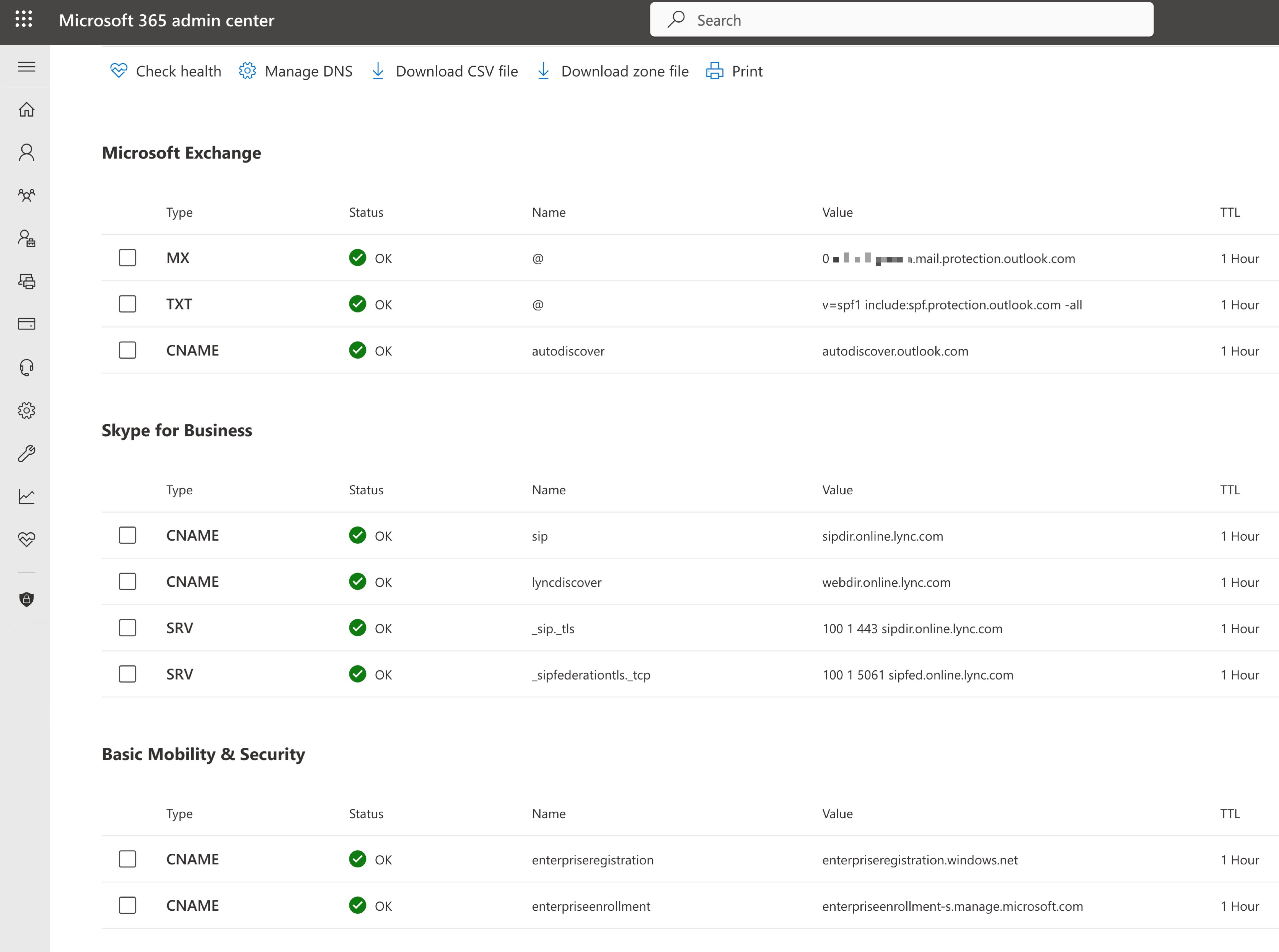 Figure 16: Microsoft Admin Console Individual Domain DNS tab Details Screen” style=