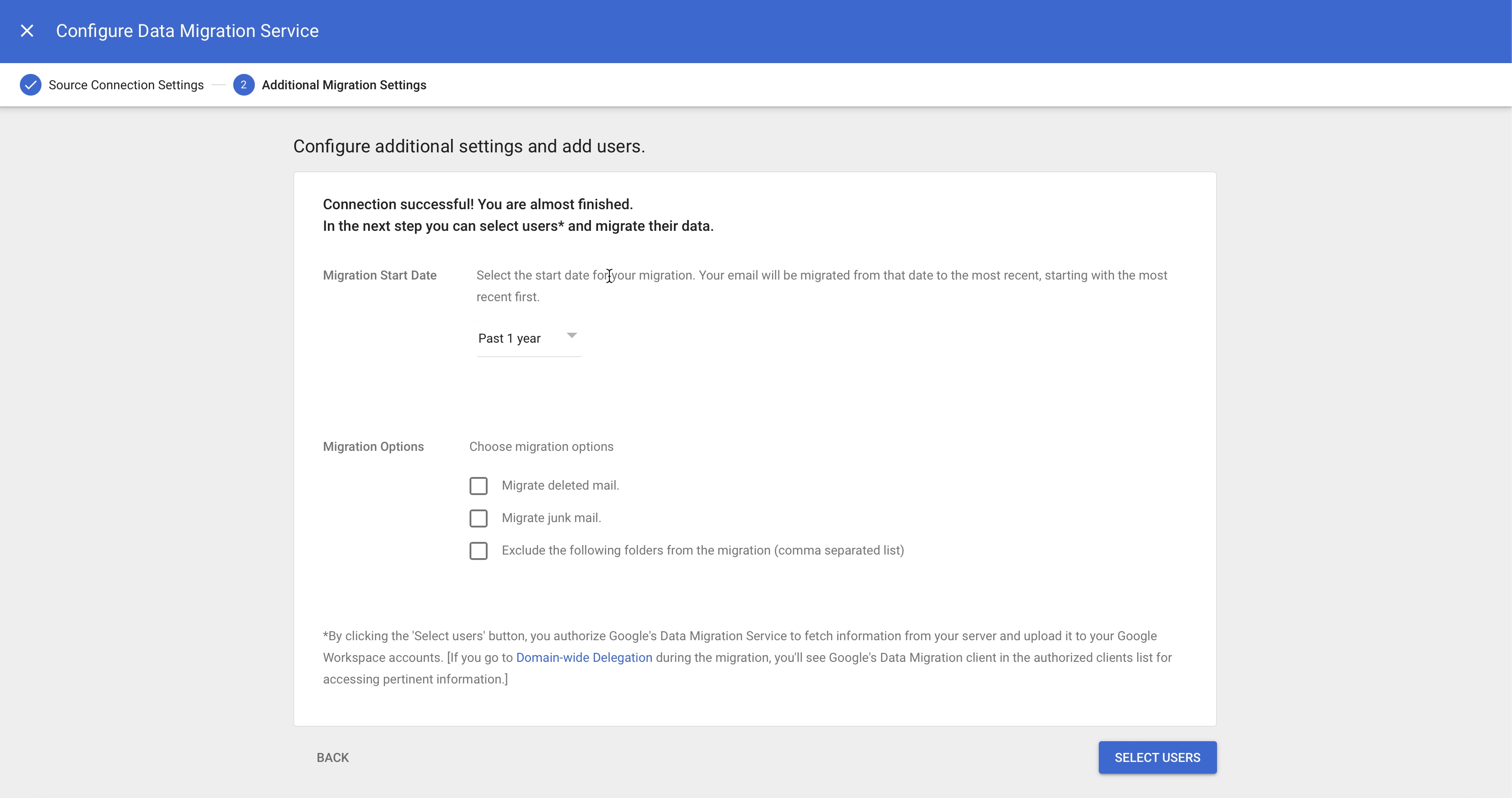 Figure 4: Google Admin Console Data Migration Configuration Popup Screen