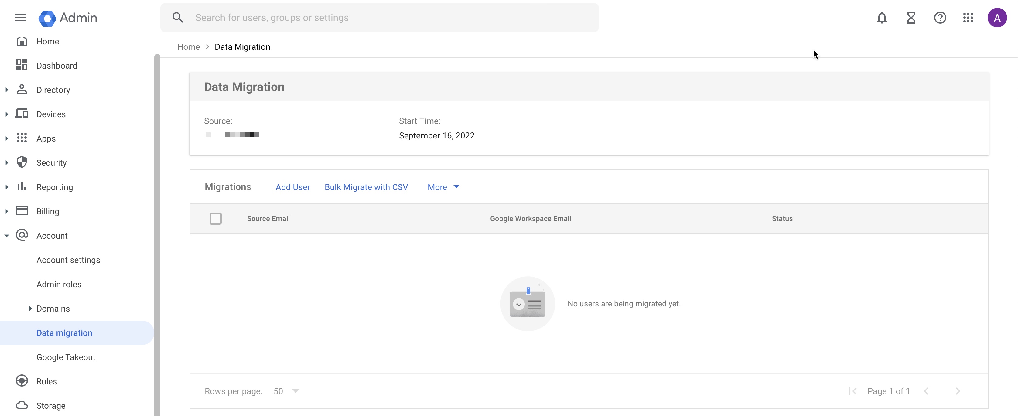 Figure 5: Google Admin Console Data Migration Batch Dashboard Screen