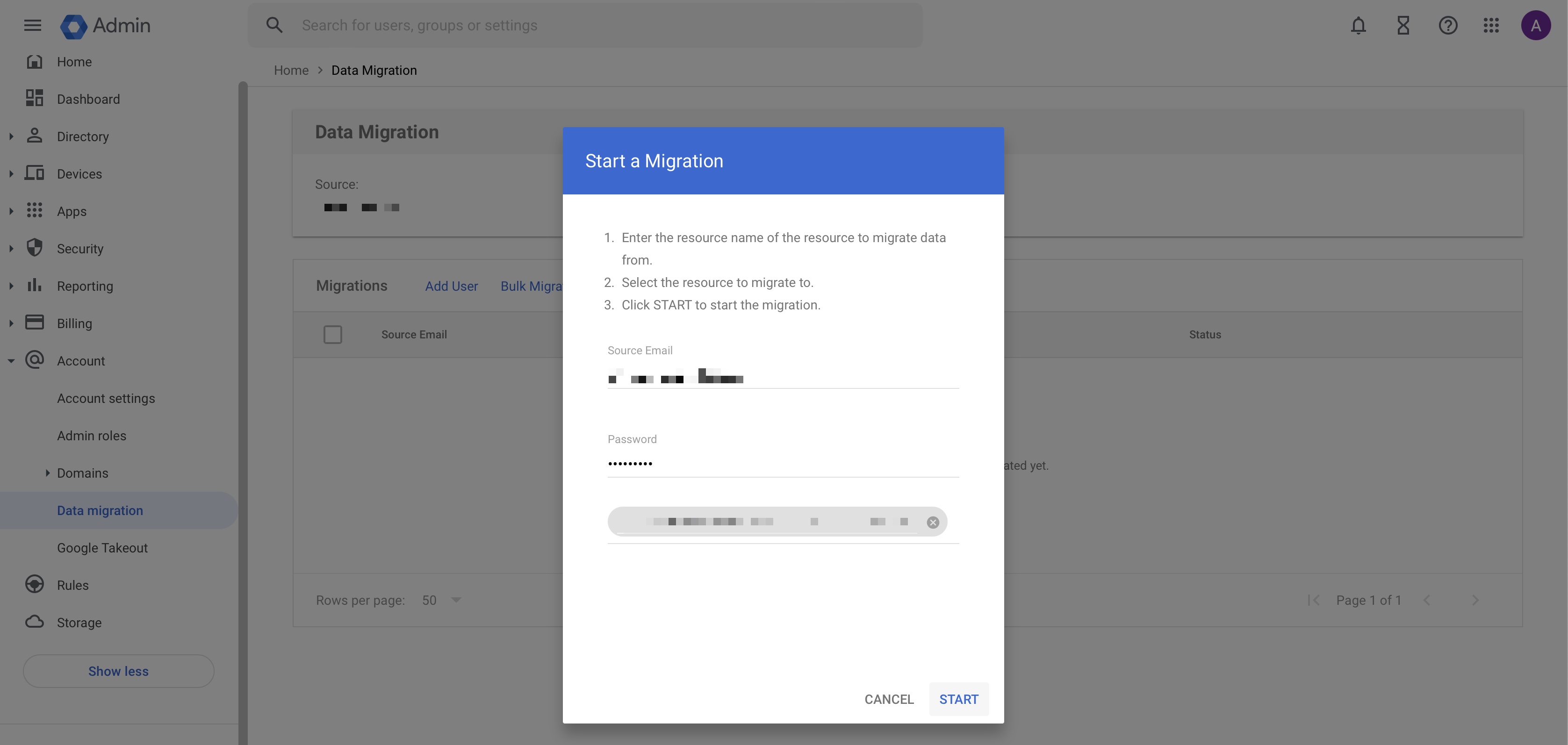 Figure 6: Google Admin Console Data Migration Batch Add User Popup Screen