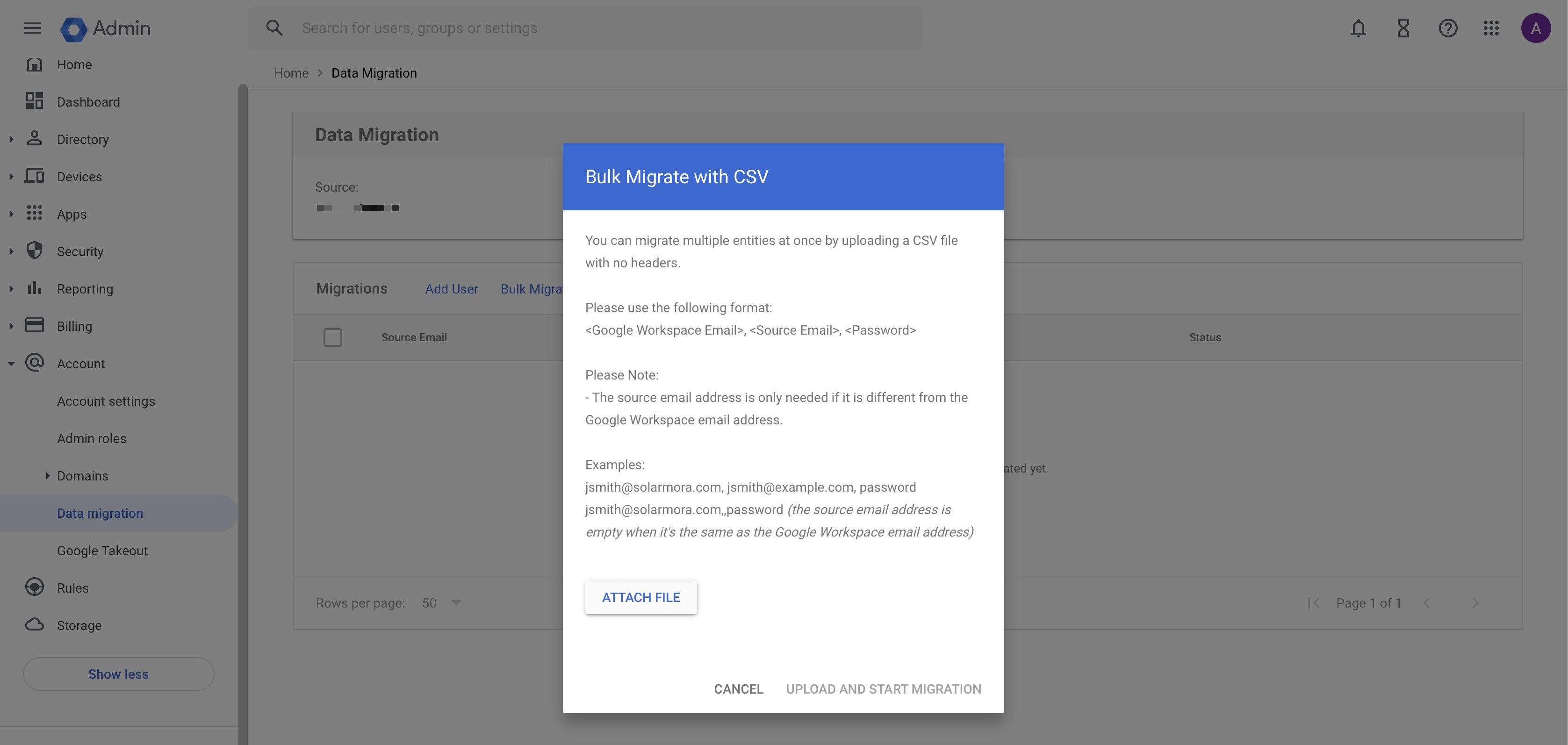 Figure 7: Google Admin Console Data Migration Batch Add Bulk User Popup Screen