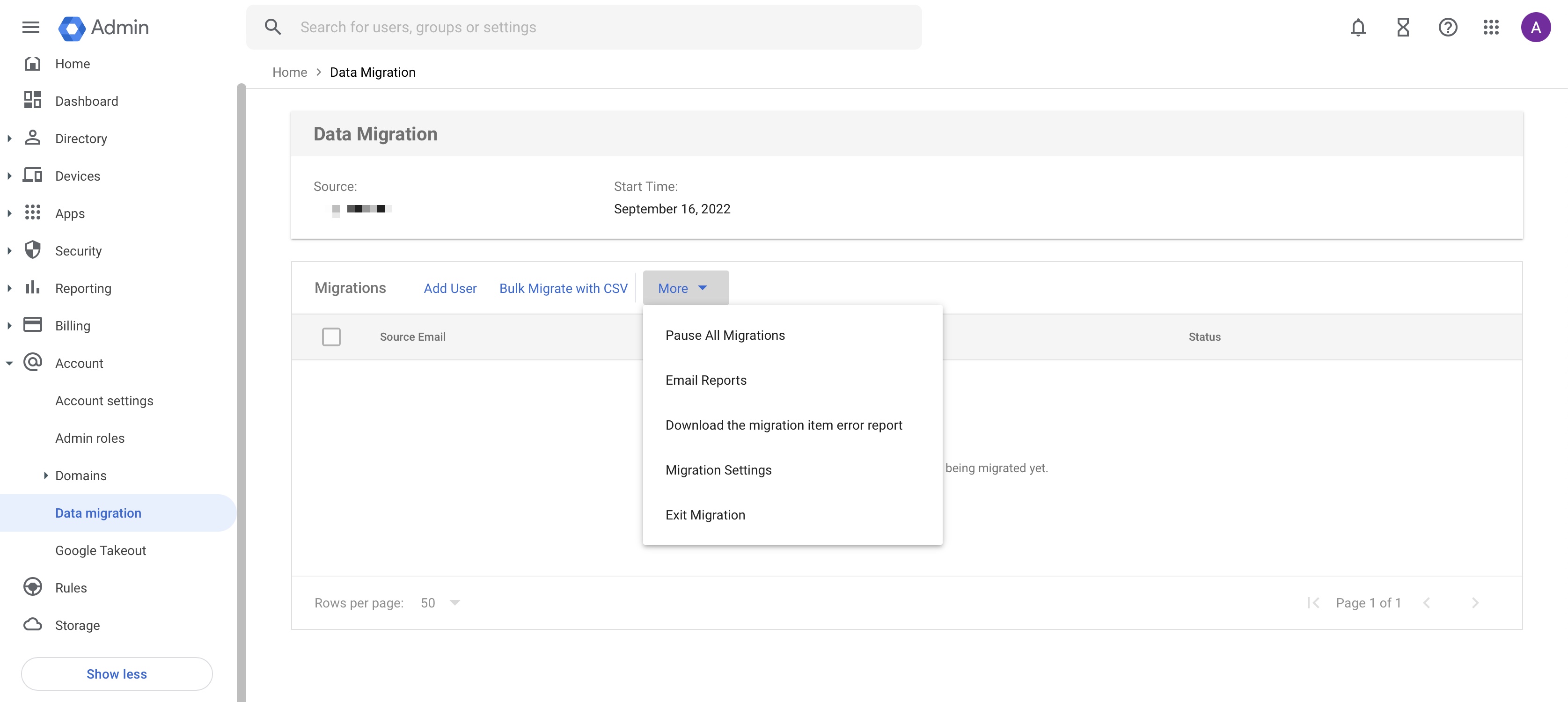 Figure 8: Google Admin Console Data Migration Batch More Dropdown Menu