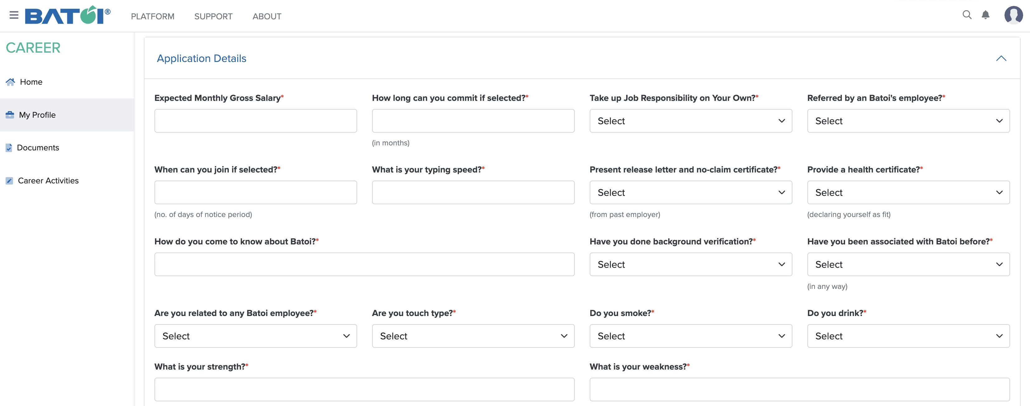 Figure 11: My Profile Application Details Screen