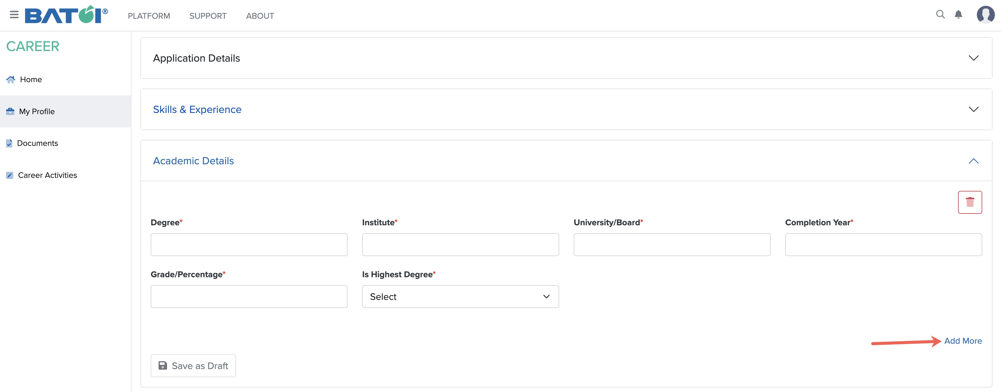 Figure 13: My Profile Academic Details Screen