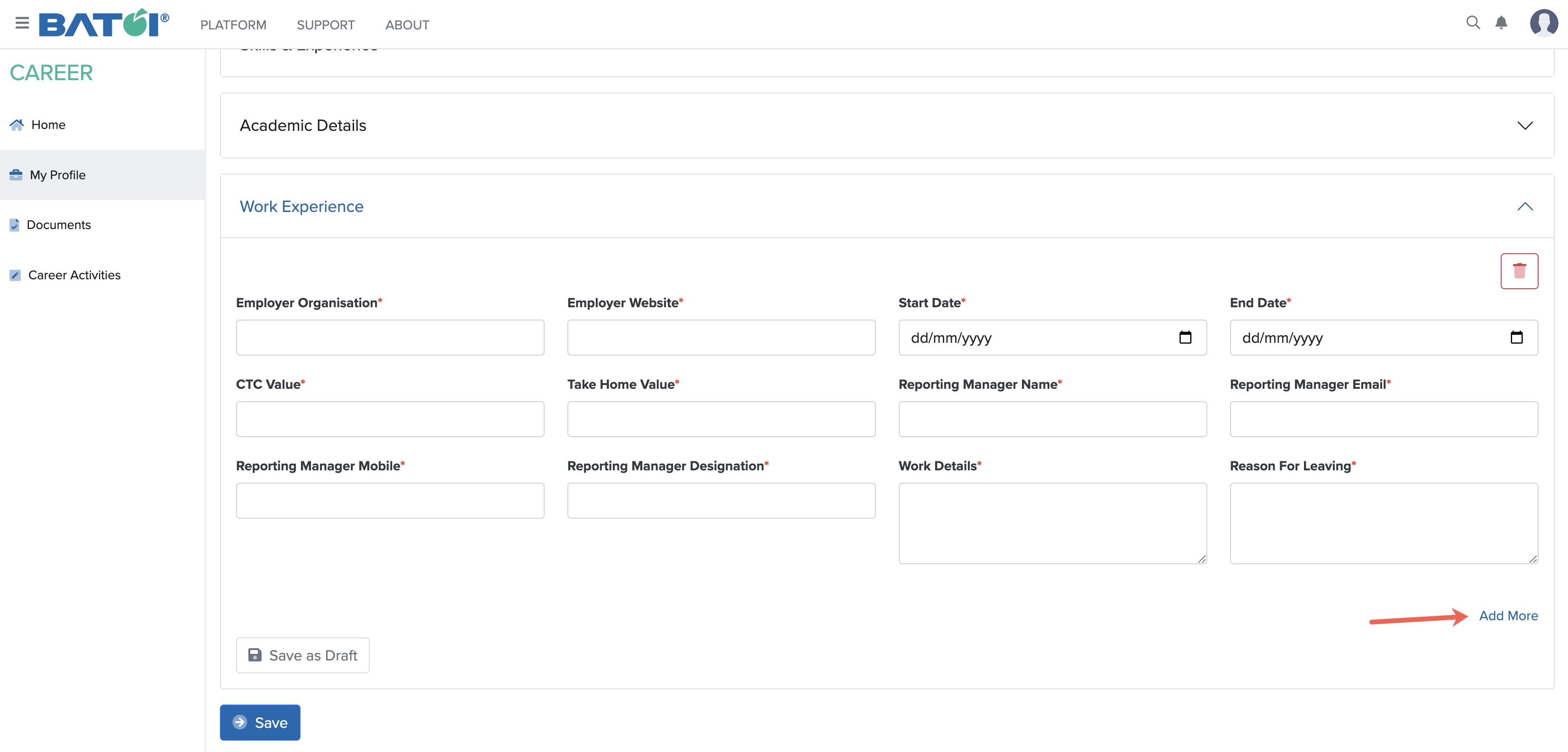 Figure 14: My Profile Work Experience Screen