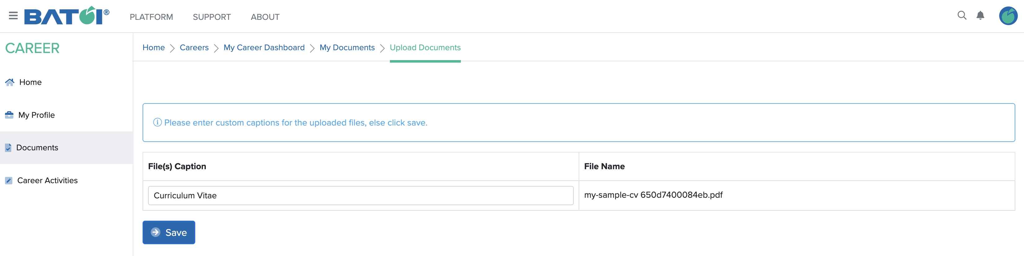 Figure 17: My Career Portal Document Caption Change Screen