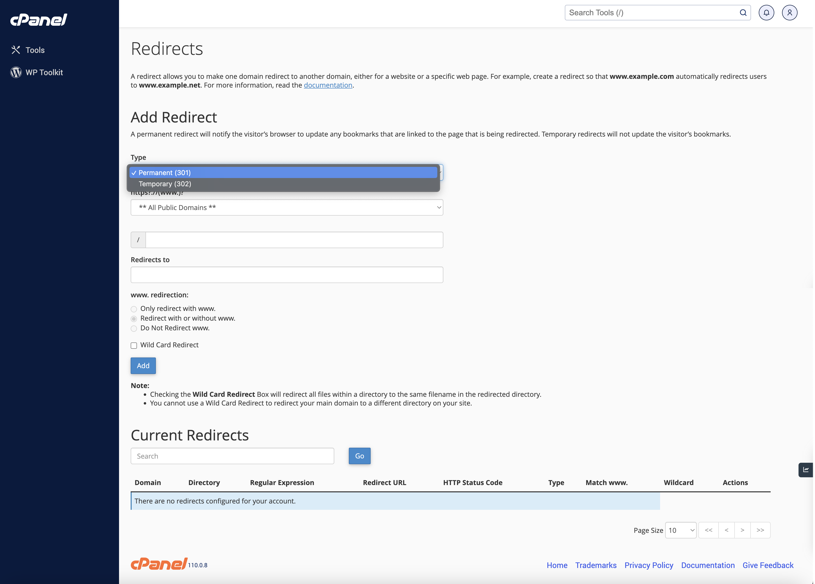 Figure 4: cPanel Redirects Screen