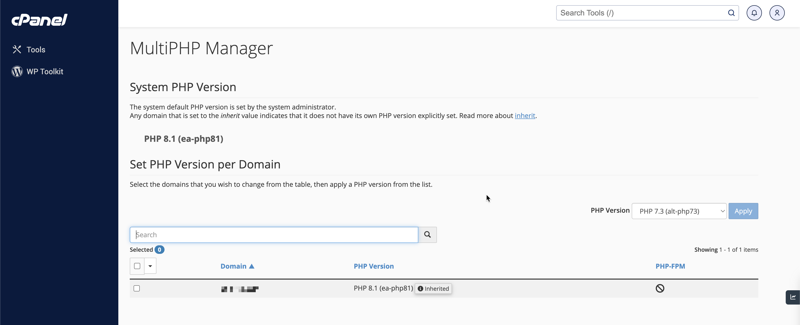 Figure 6: cPanel MultiPHP Manager Screen