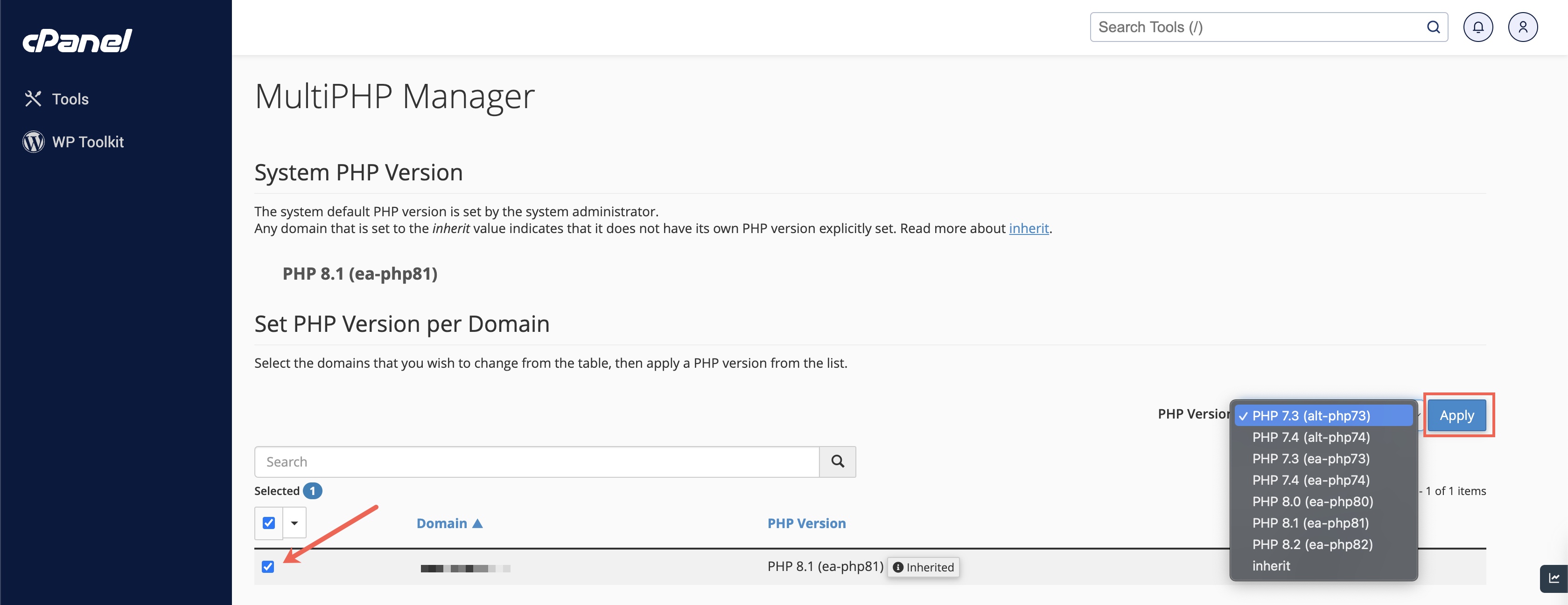 Figure 7: cPanel MultiPHP Manager Screen