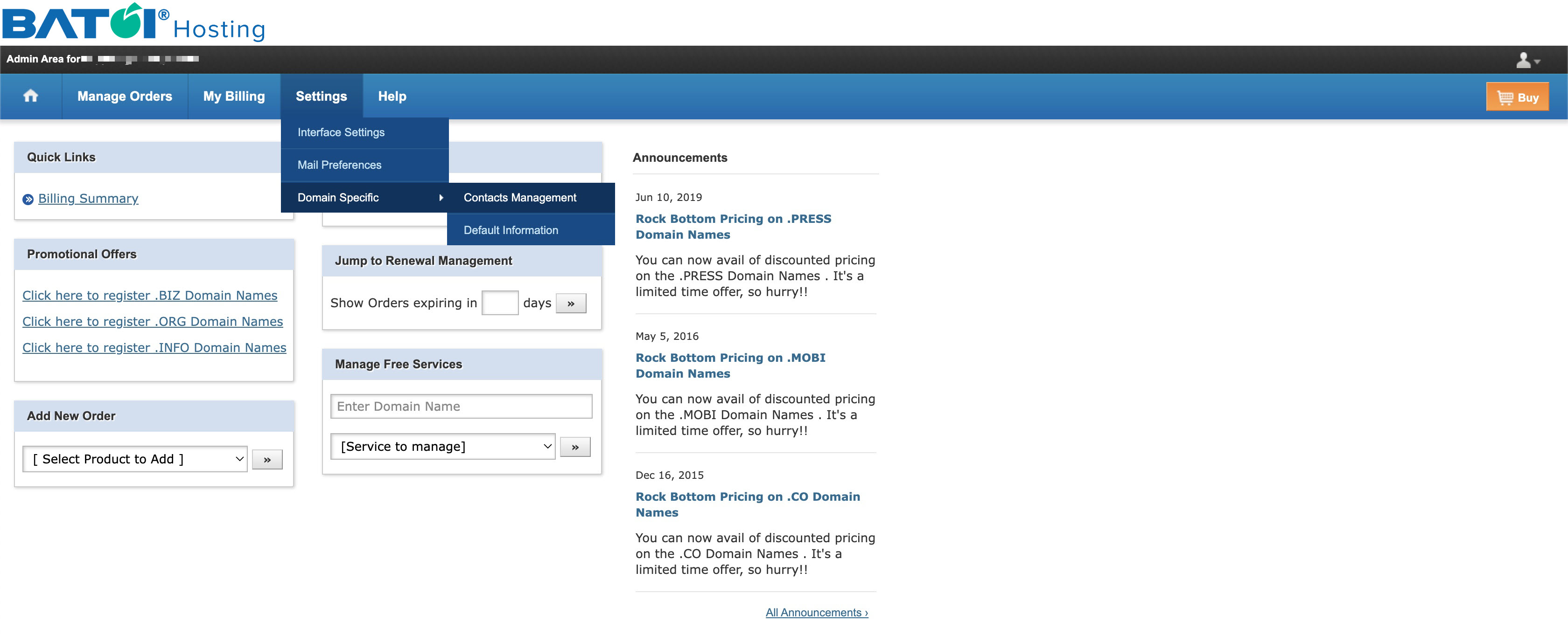 Figure 2: My Batoi Hosting Dashboard Screen