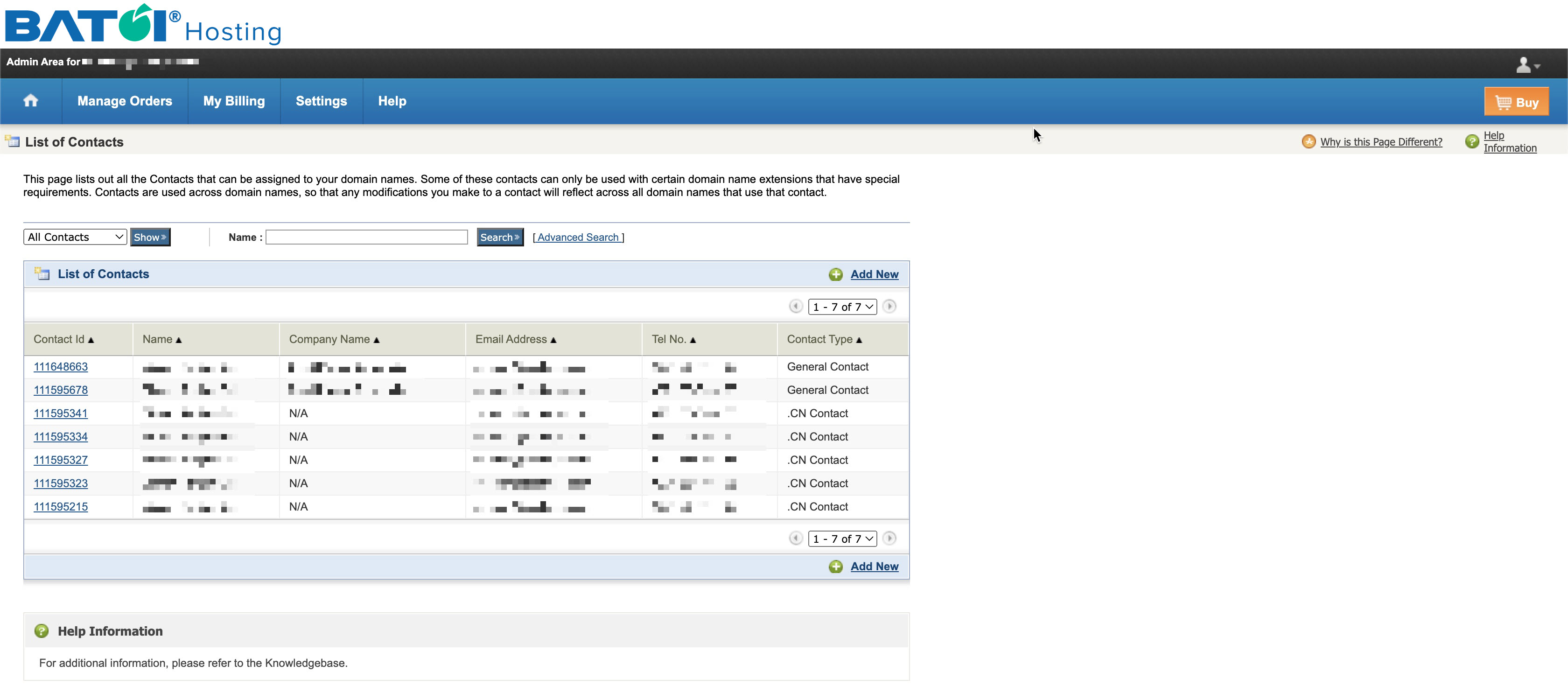 Figure 3: My Batoi Hosting Contact Management List Page