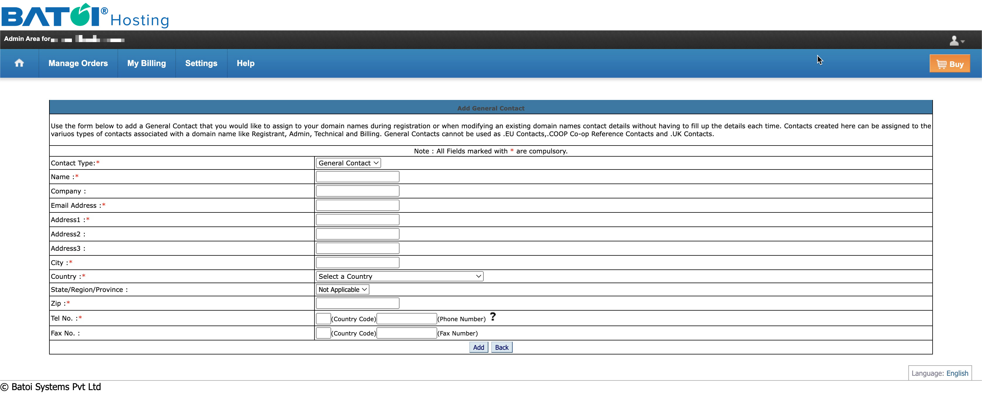 Figure 5: My Batoi Hosting Add New Contact Page