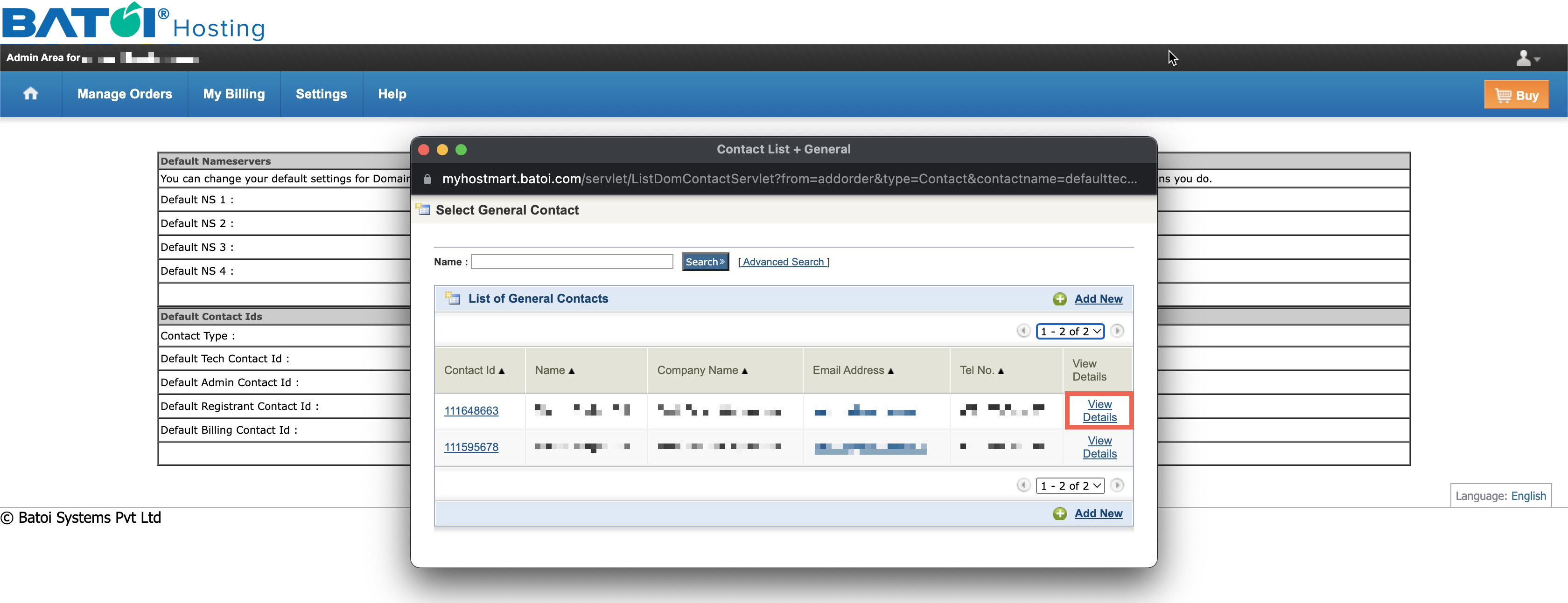 Figure 10: My Batoi Hosting Edit Default Contact Information Pop-up Page