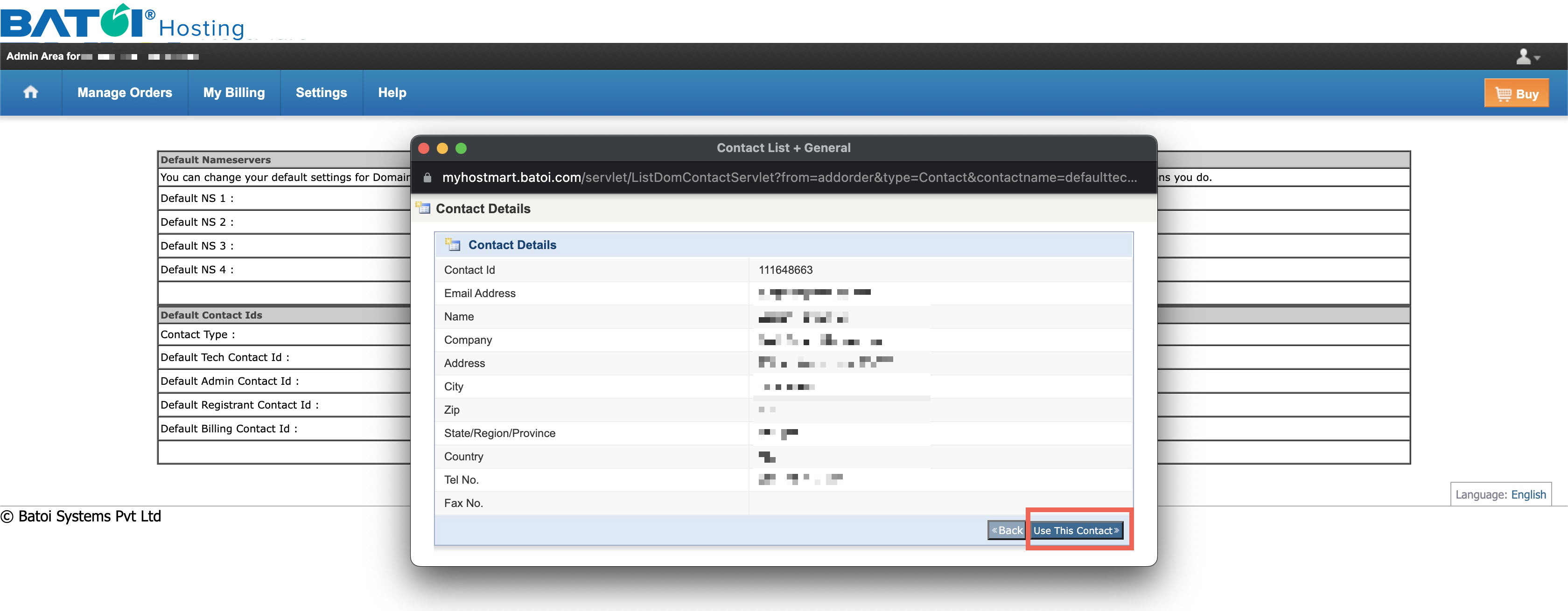 Figure 11: My Batoi Hosting Edit Default Contact Information Pop-up Page