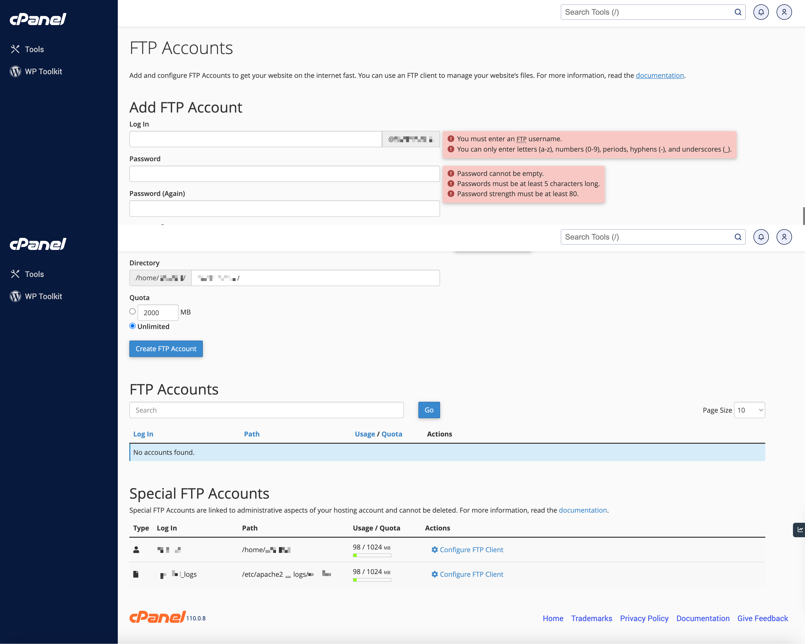 Figure 4: cPanel FTP Accounts Screen