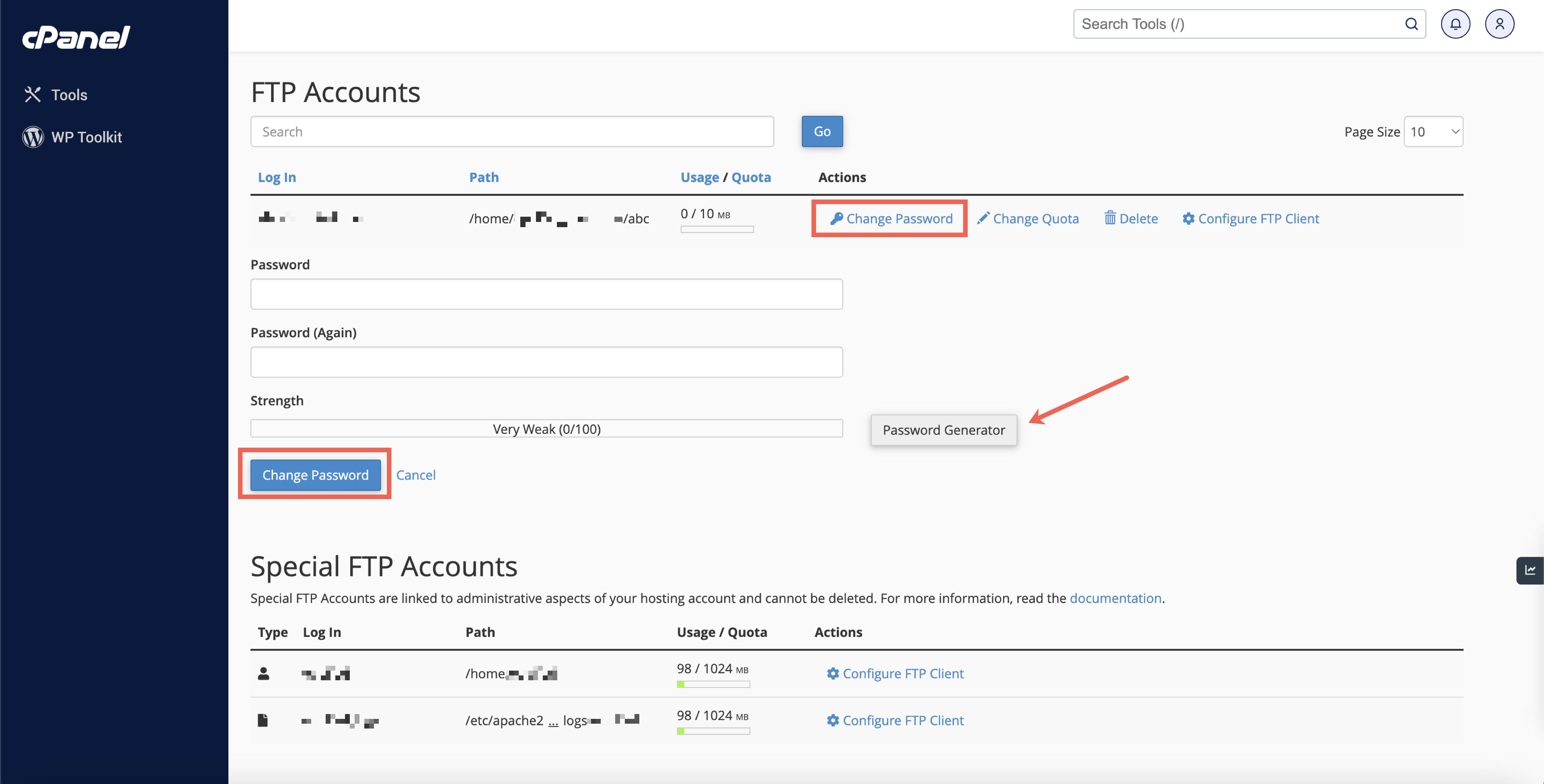 Figure 5: cPanel FTP Change Password Screen