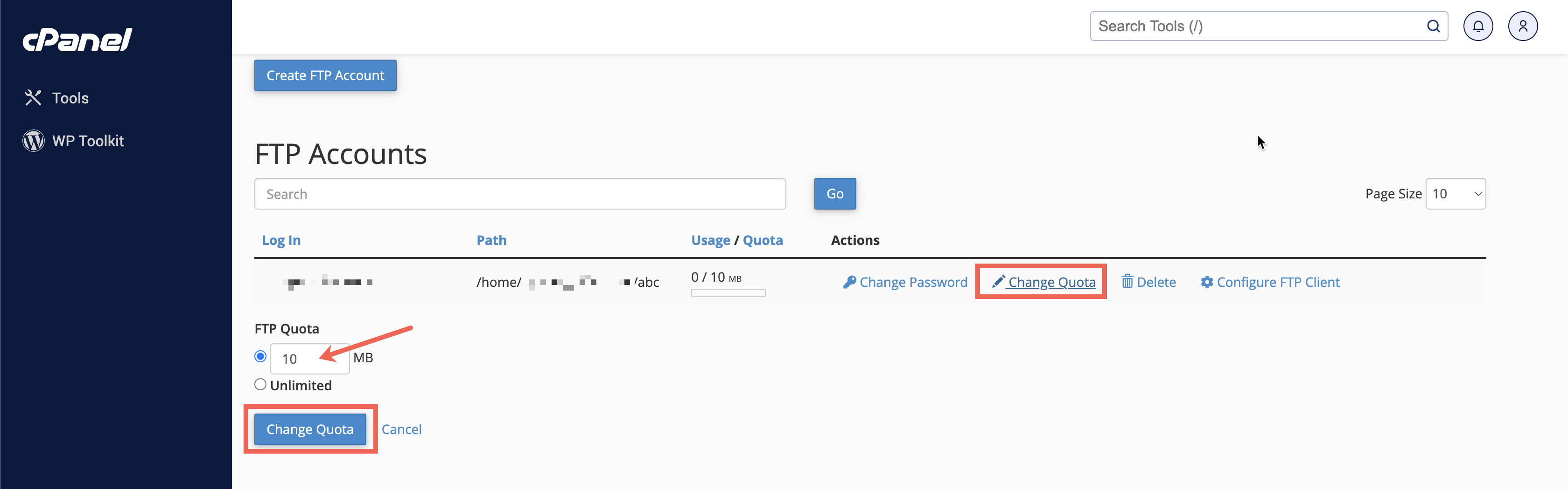 Figure 6: cPanel FTP Change Quota Screen