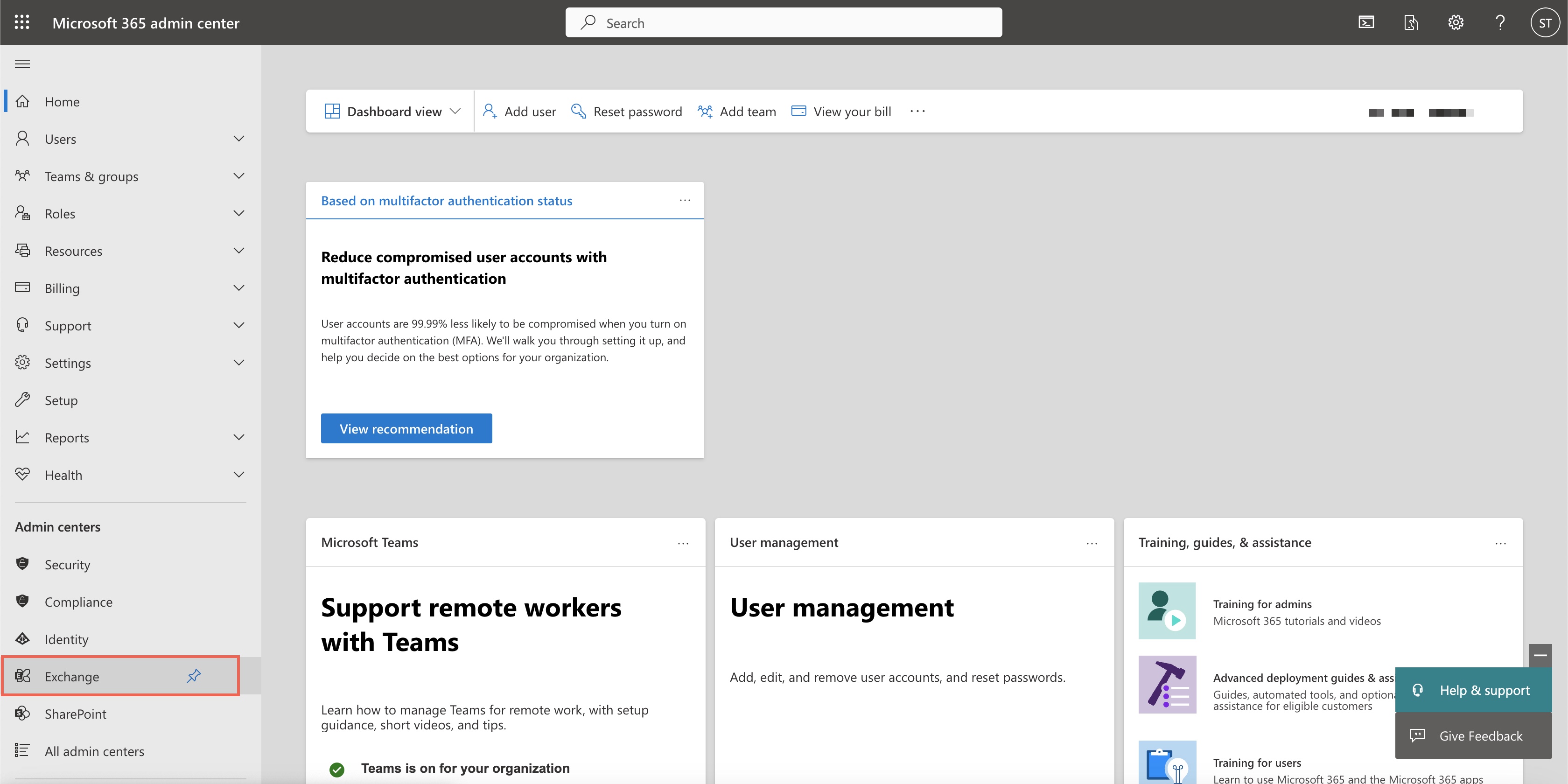 Figure 2: Microsoft Office 365 Admin Console Dashboard