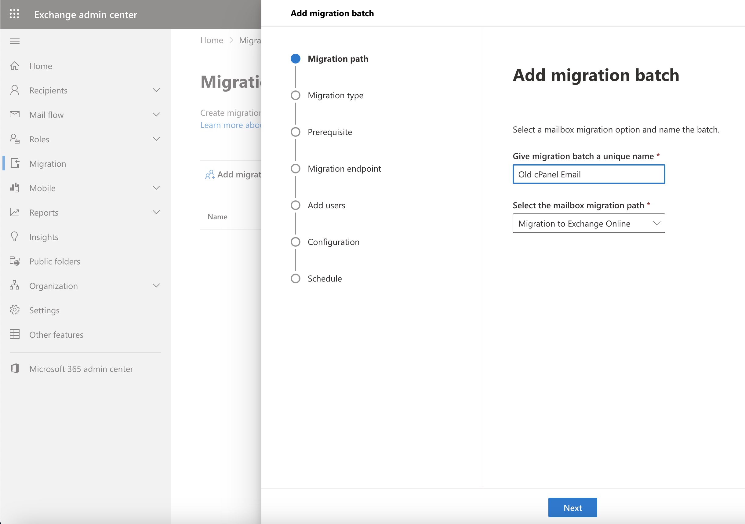Figure 5: Microsoft Office 365 Add Migration Batch Popup Screen
