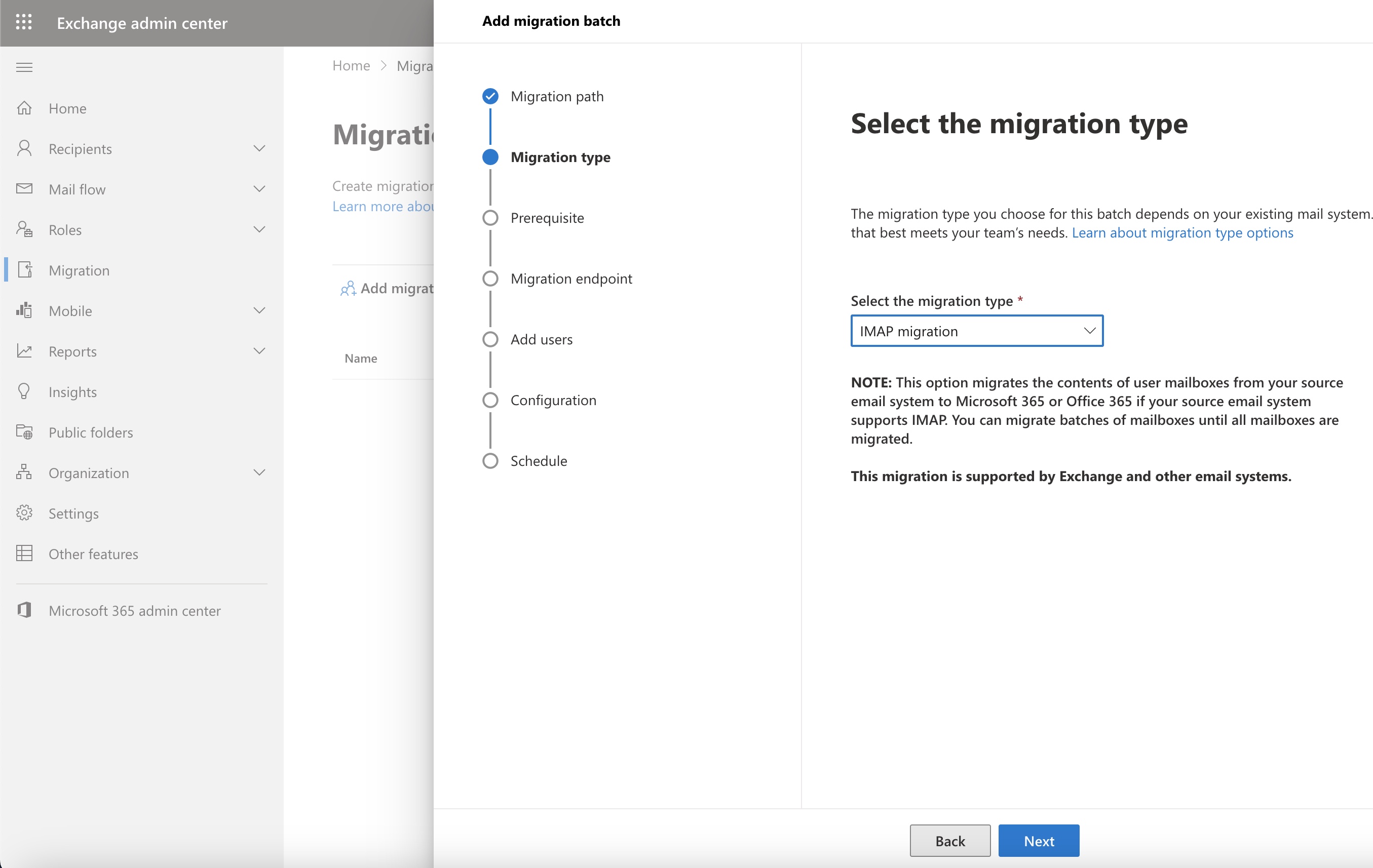 Figure 6: Microsoft Office 365 Select Migration Type Popup Screen