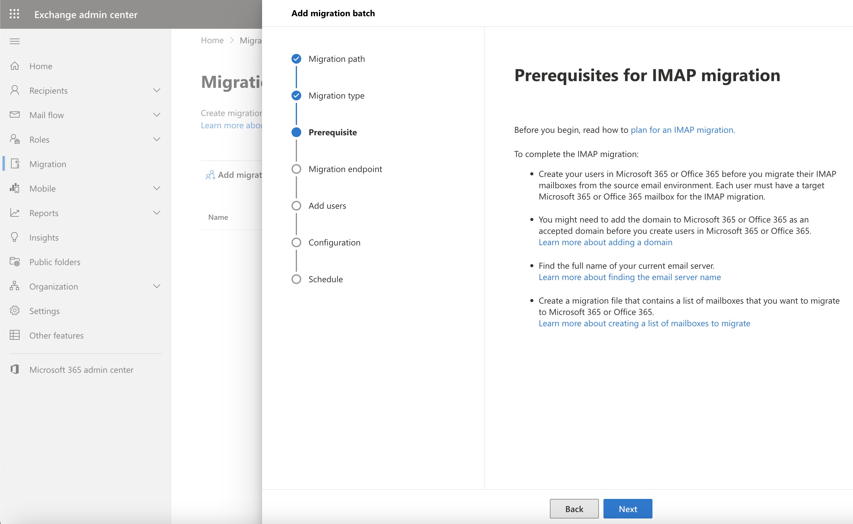 Figure 7: Microsoft Office 365 Select Migration Prerequisites Popup Screen