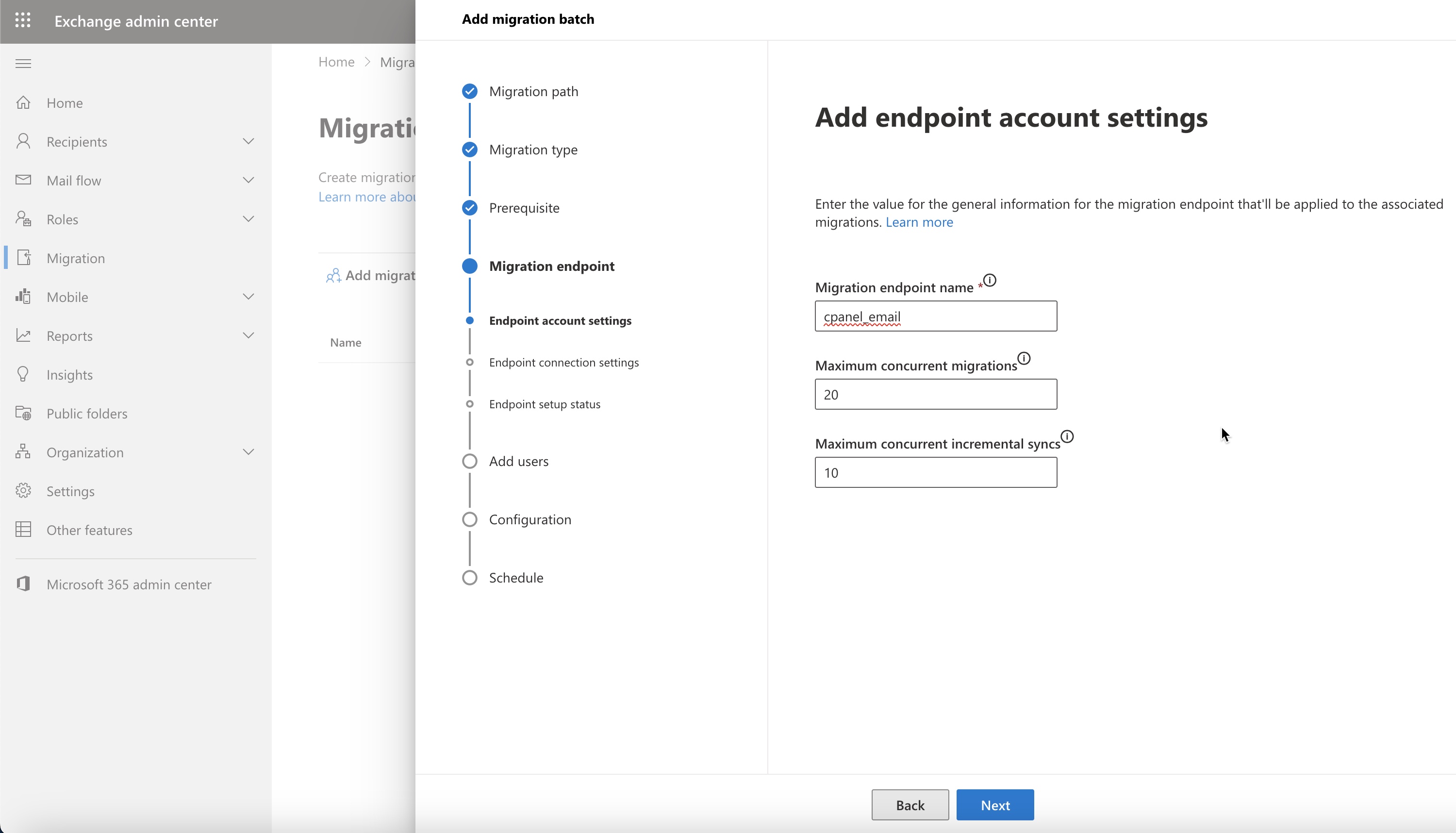 Figure 9: Microsoft Office 365 Select Migration Set Endpoint Account Setting Screen