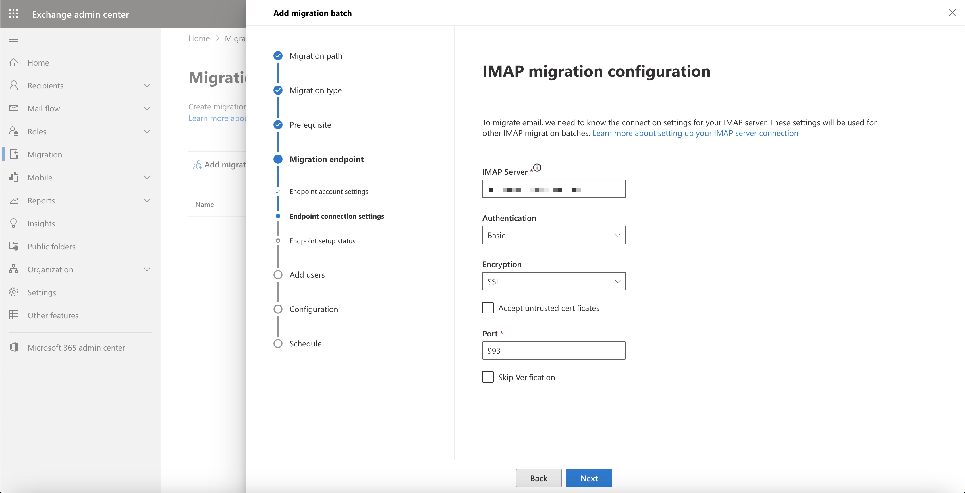 Figure 10: Microsoft Office 365 Select Migration IMPS Configuration Screen