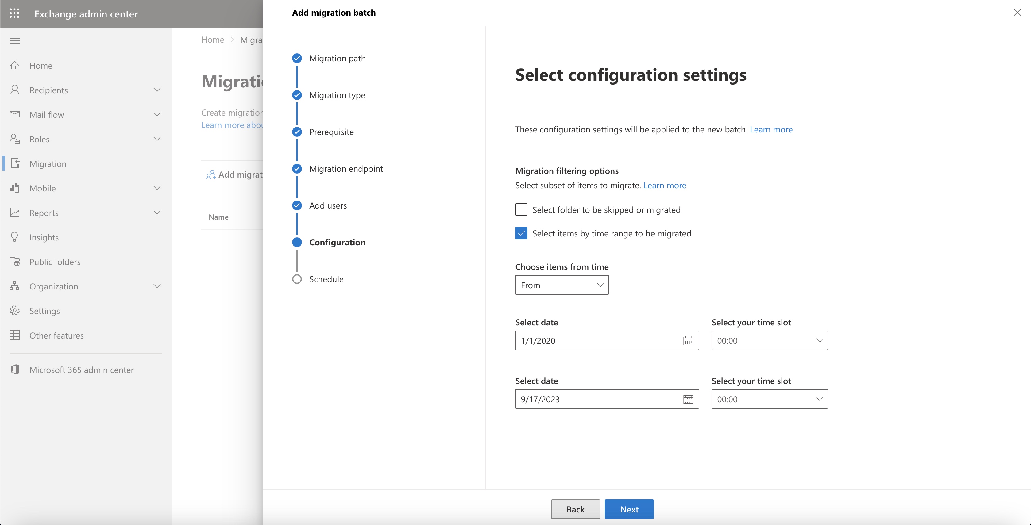 Figure 13: Microsoft Office 365 Select Migration Configuration Setting Screen