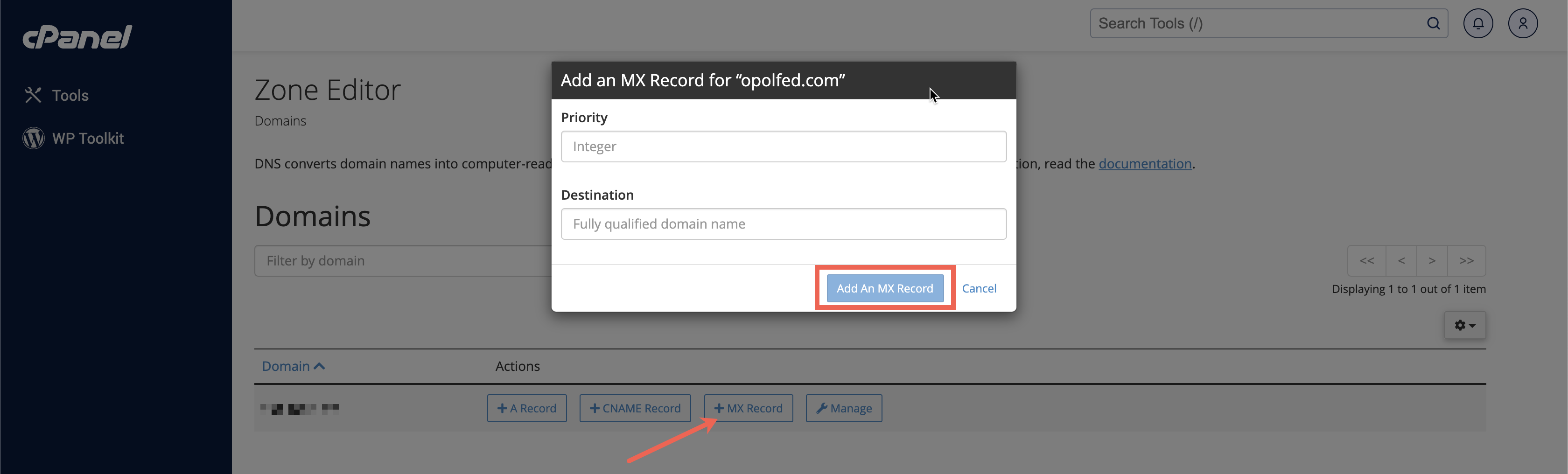 Figure 7: cPanel Zone Editor Add MX Record Popup Screen