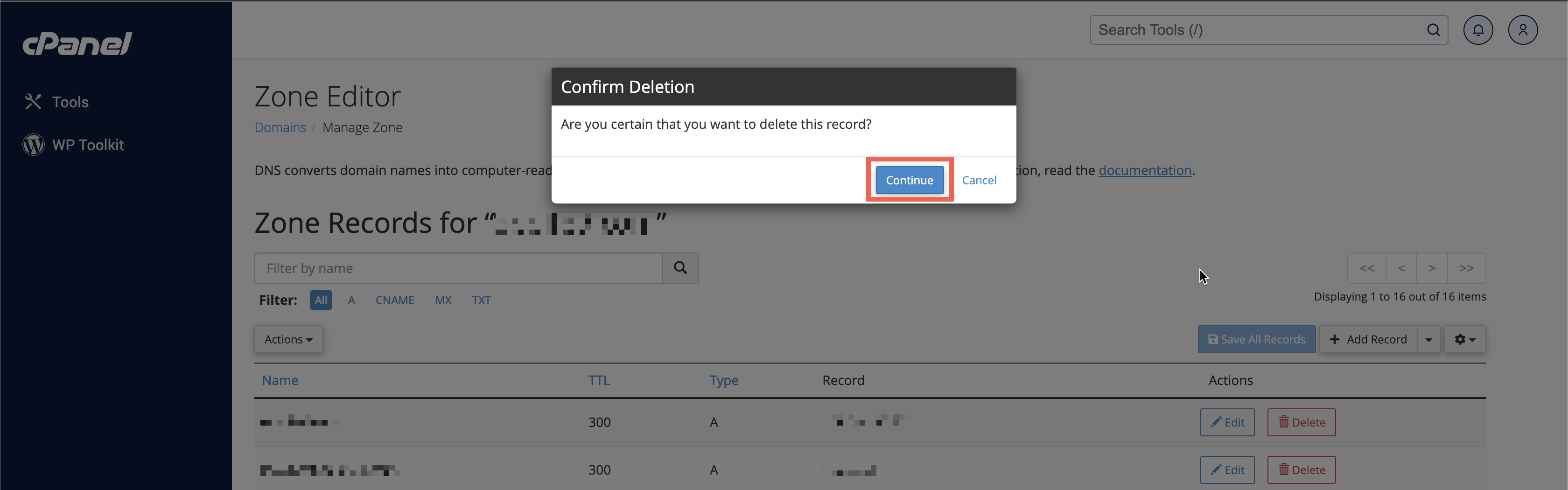 Figure 10: cPanel Manage Zone Editor Delete Popup Screen