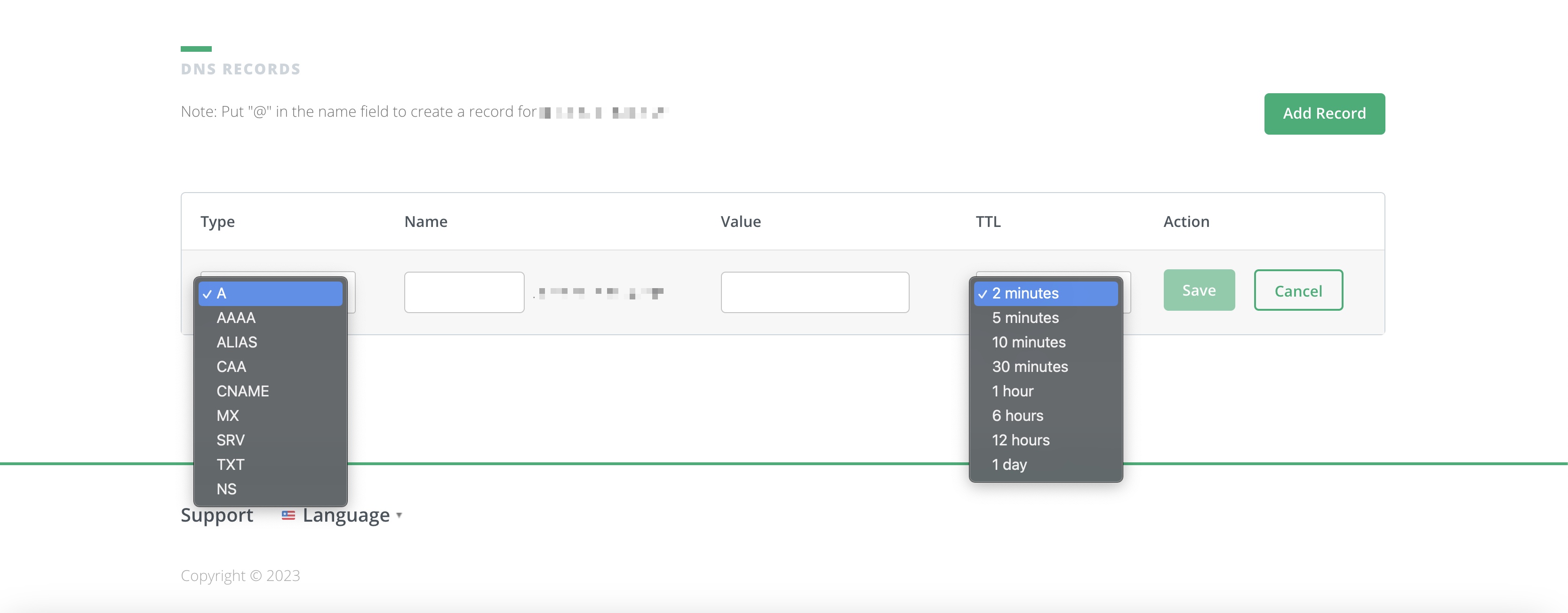 Figure 8: Premium DNS Add Record Screen