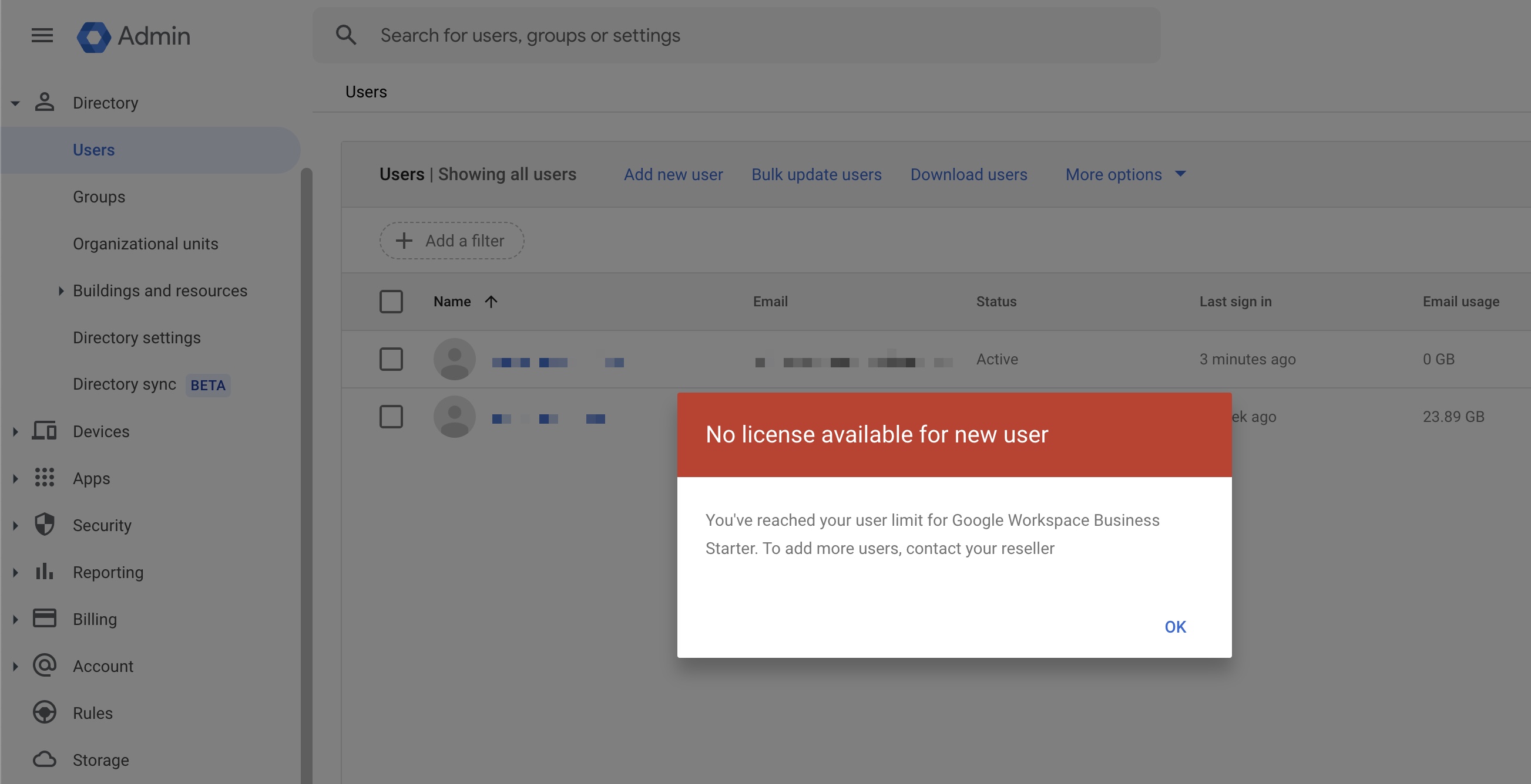 Figure 3:  Google Admin Console User Add License Message Popup Screen” style=