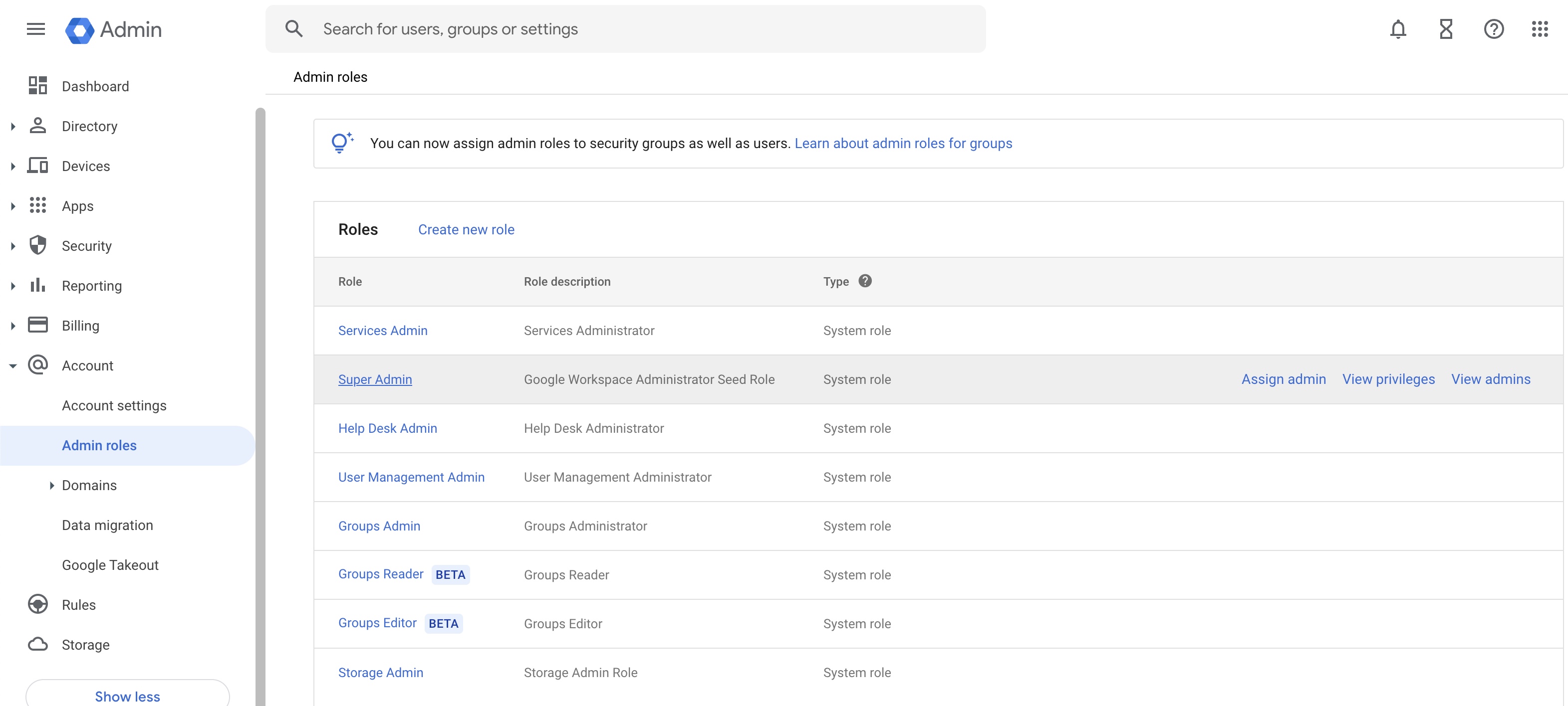 Figure 5:  Google Admin Console Manage Role List Screen” style=