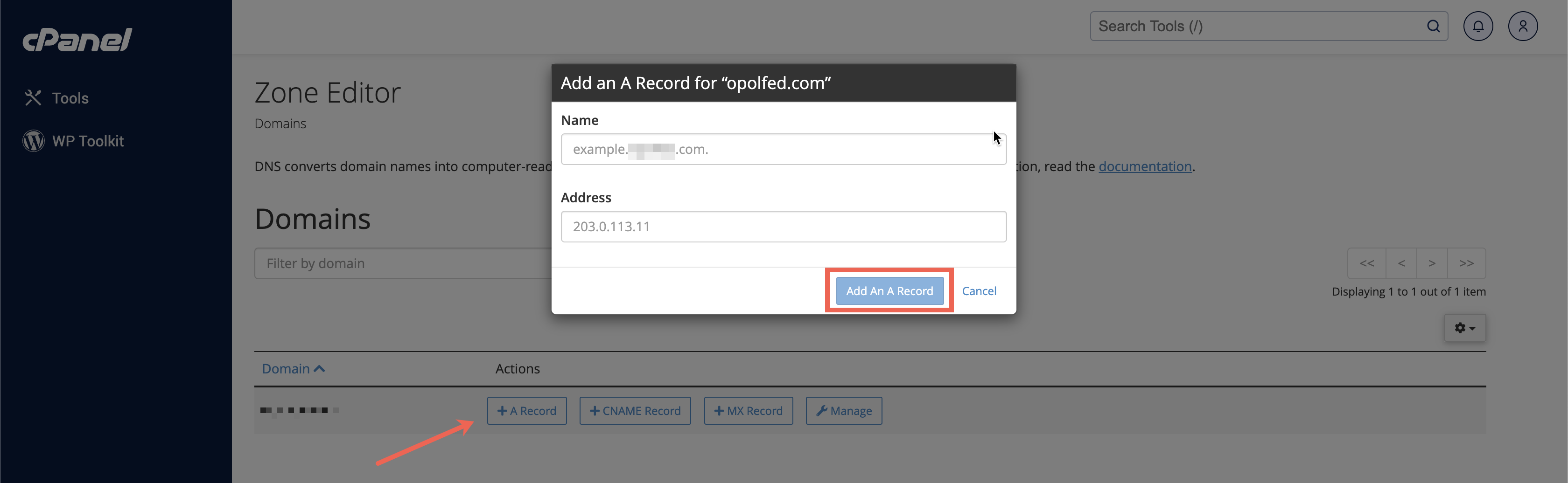 Figure 5: cPanel Zone Editor Add A Record Popup Screen