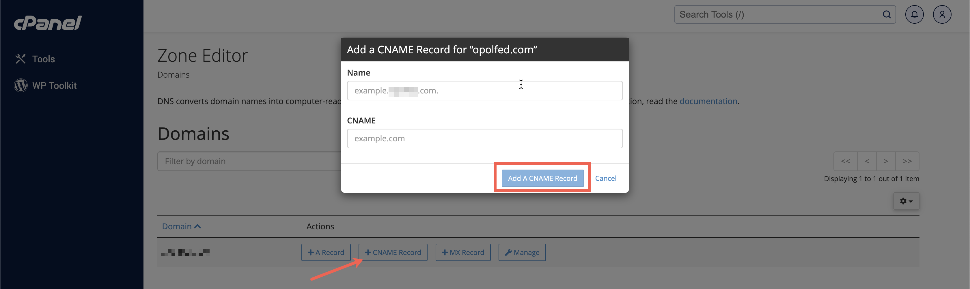 Figure 6: cPanel Zone Editor Add A Record Popup Screen