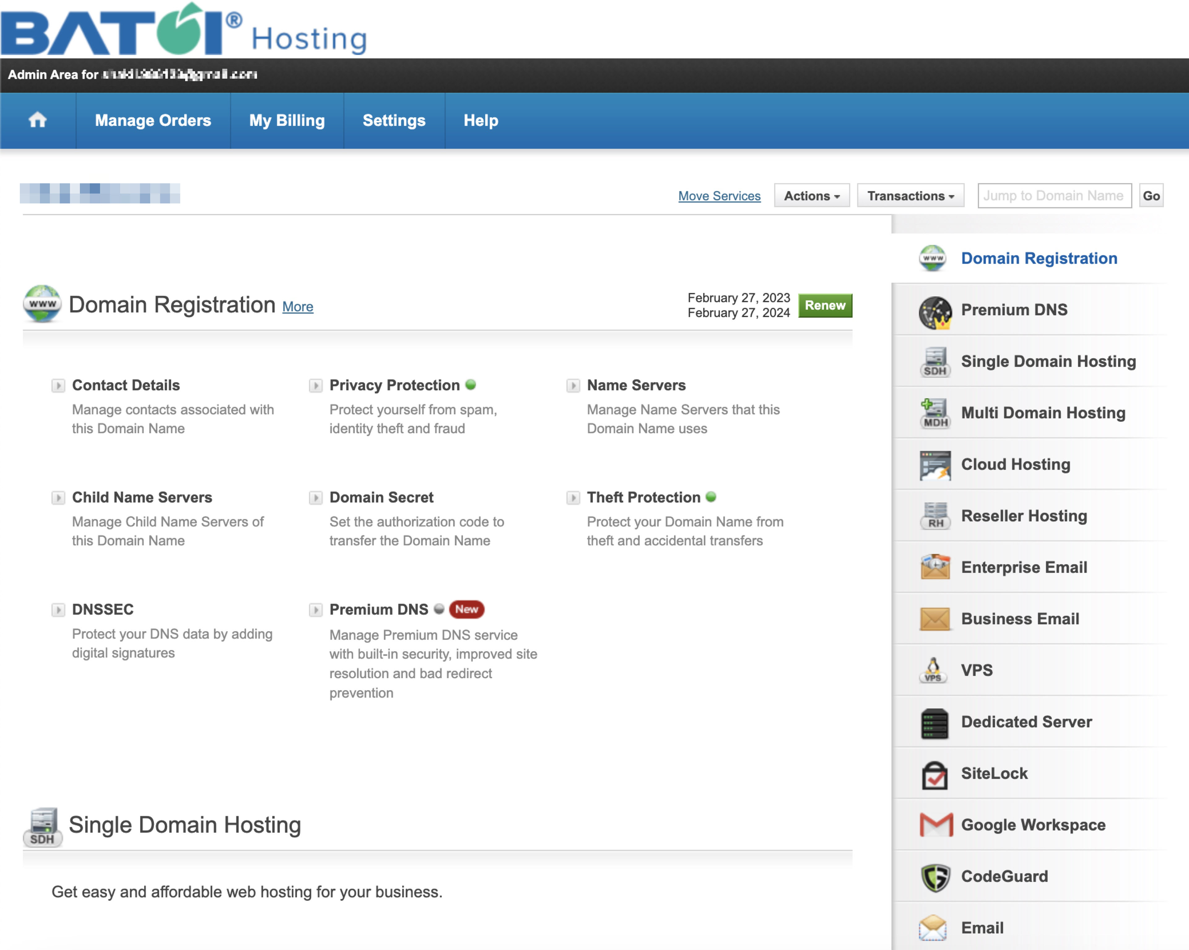 Figure 4: My Batoi Hosting Individual Domain Detail Screen