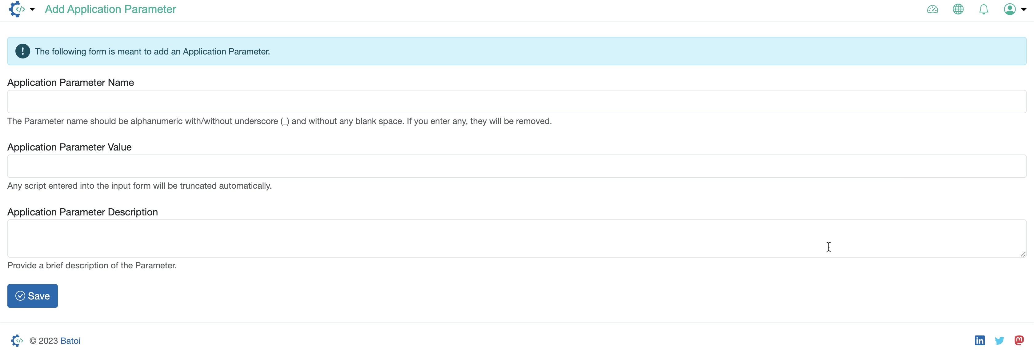 Figure 1: Admin Portal Application Parameters Add Page