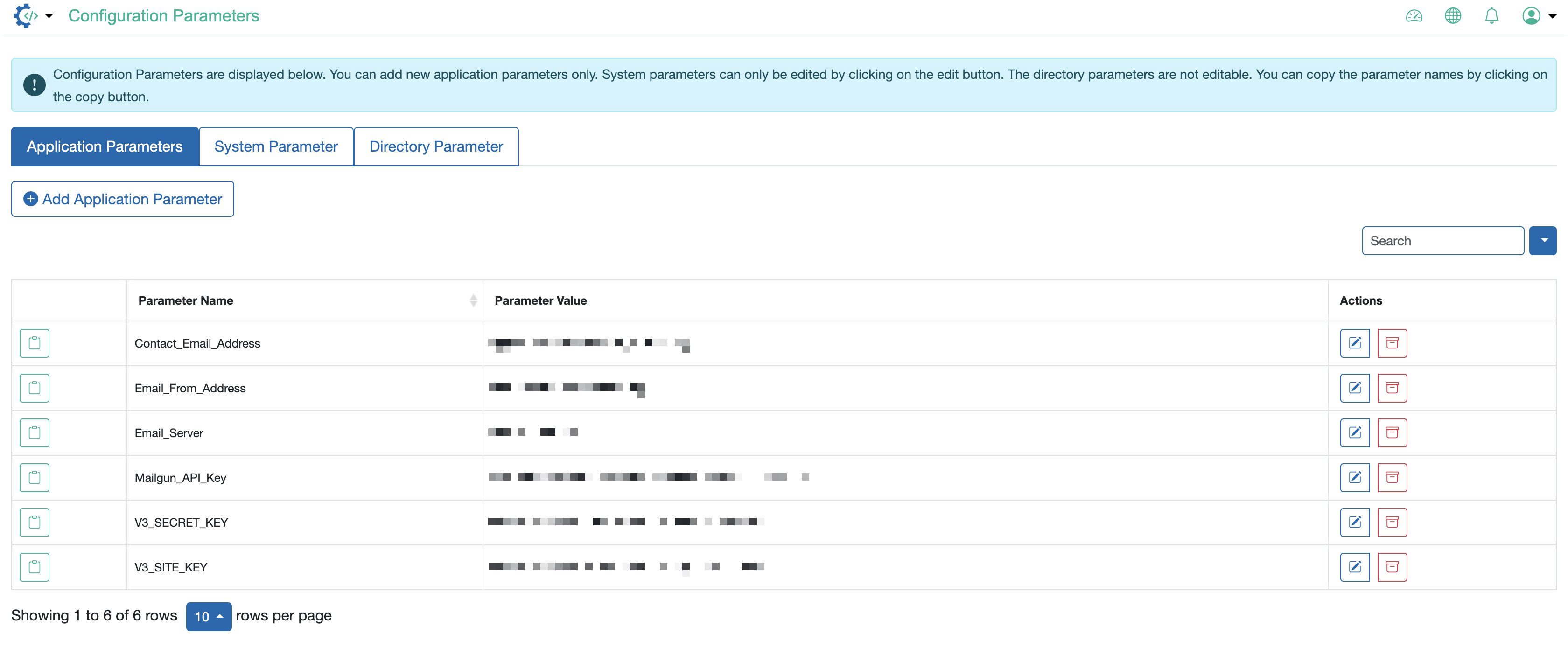 Figure 2: Admin Portal Config Parameters List Page with Data