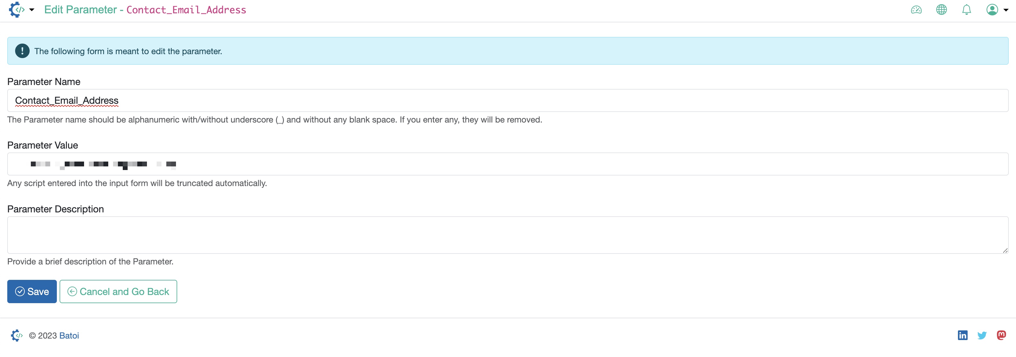 Figure 1: Admin Portal Application Parameters Edit Page