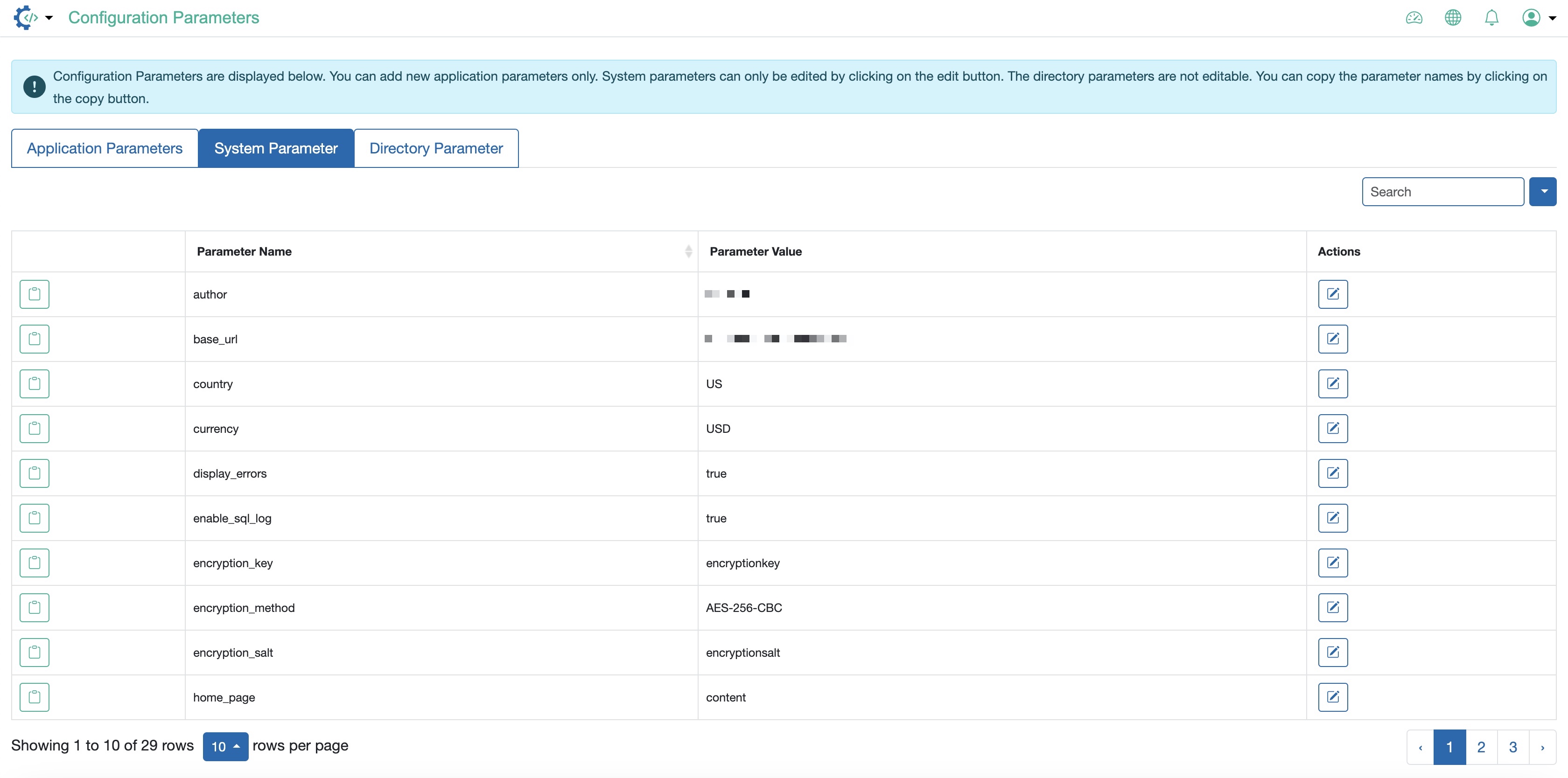 Figure 1: Admin Portal System Parameters List Page