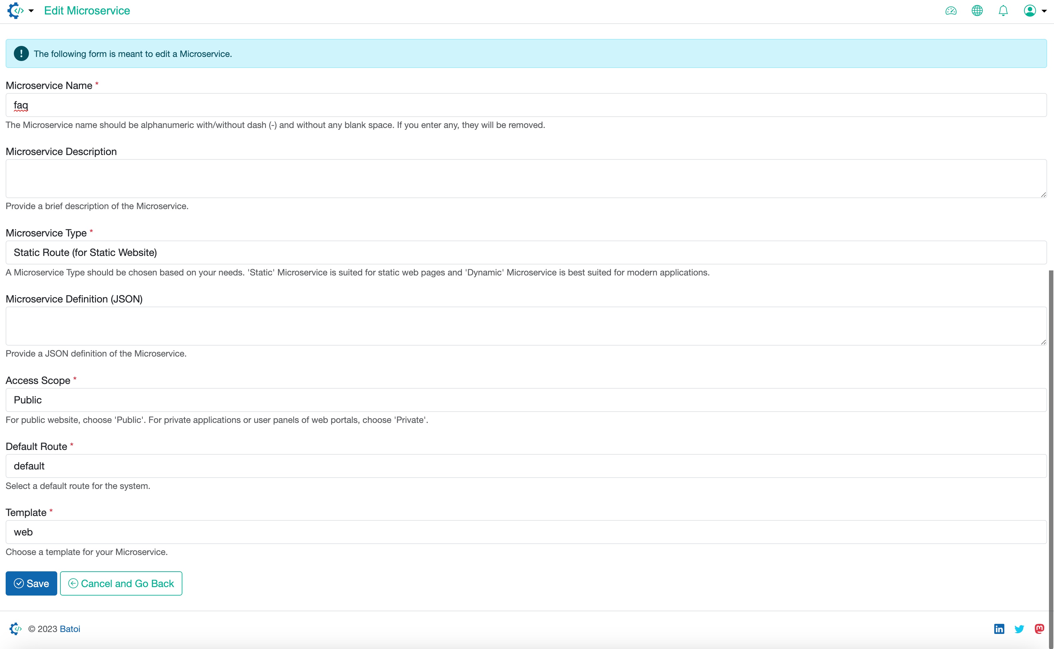 Figure 1: RAD Admin Portal Edit Microservice Screen