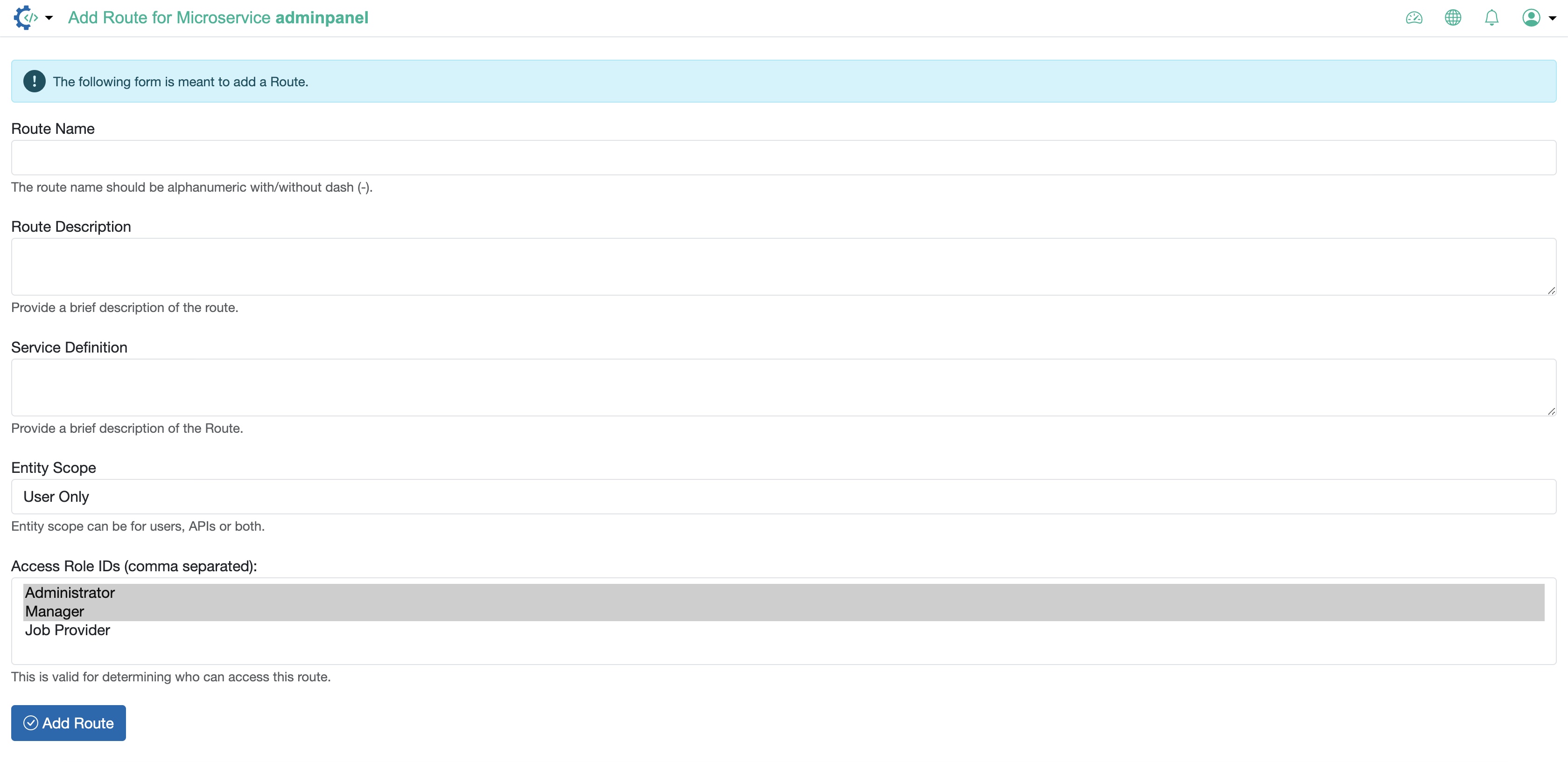 Figure 1: RAD Admin Portal Microservice Add Route Screen