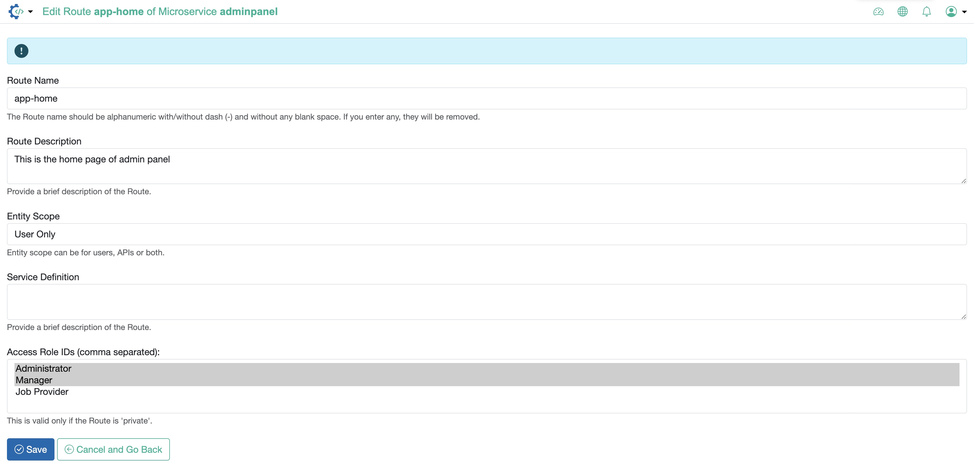 Figure 1: RAD Admin Portal Microservice Edit Route Screen