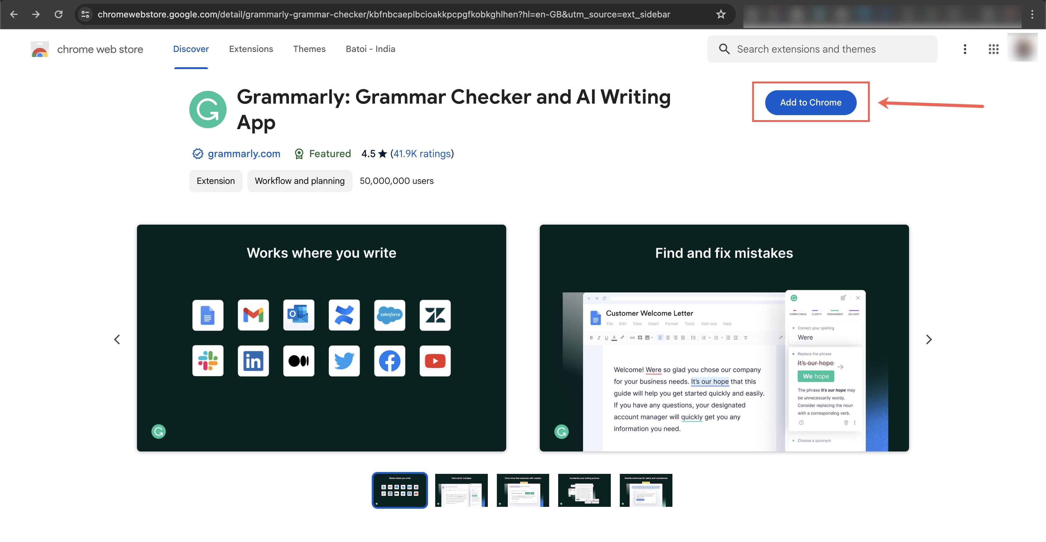 Figure 4: Chrome Web Store Grammarly Extension Dashboard Screen