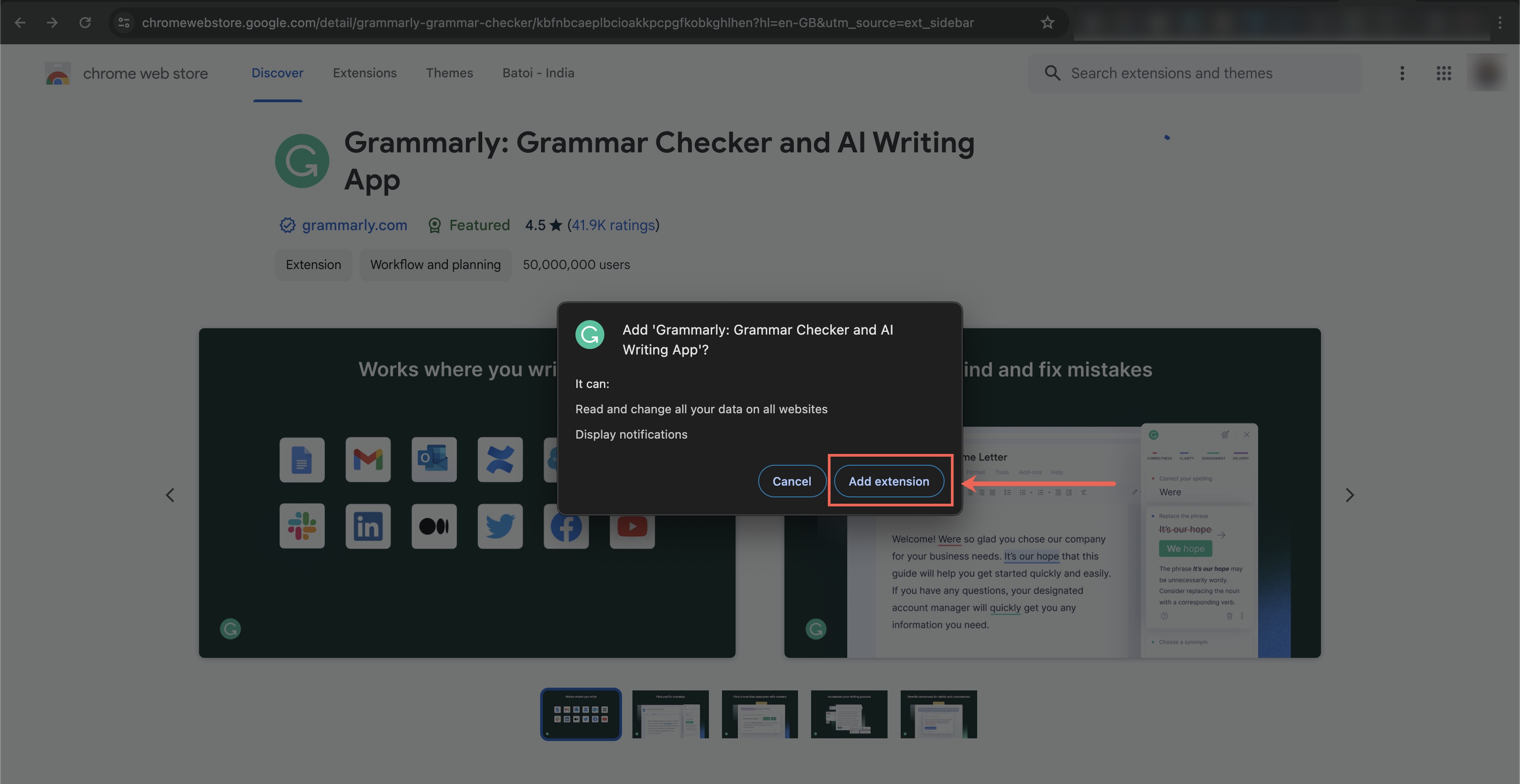 Figure 5: Chrome Web Store Grammarly Extension Permission Pop-up Screen